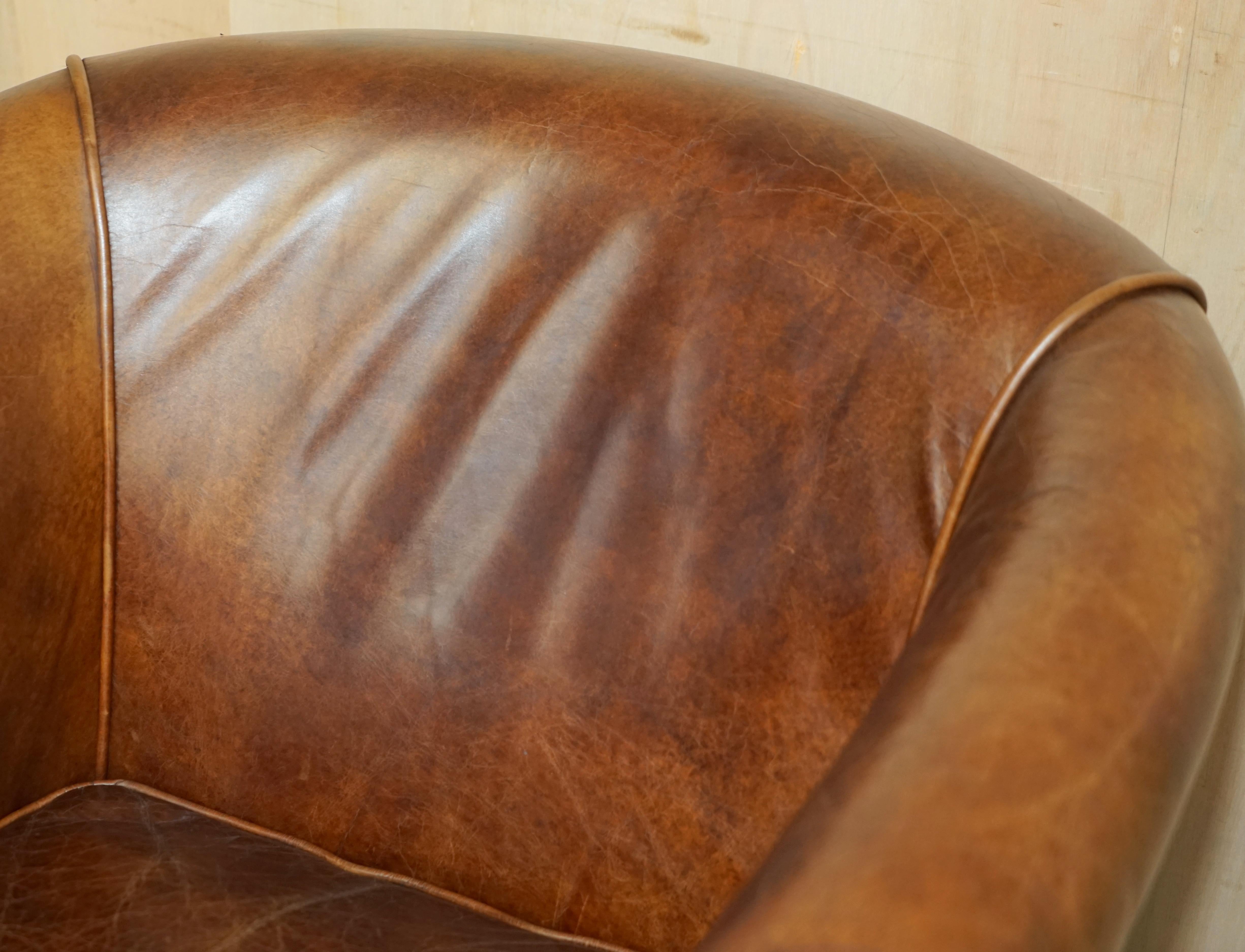 Art Deco AGED HERiTAGE BROWN LEATHER BIKER TAN CLUB TUB ARMCHAIR MUST SEE LOVELY PATINa!! For Sale