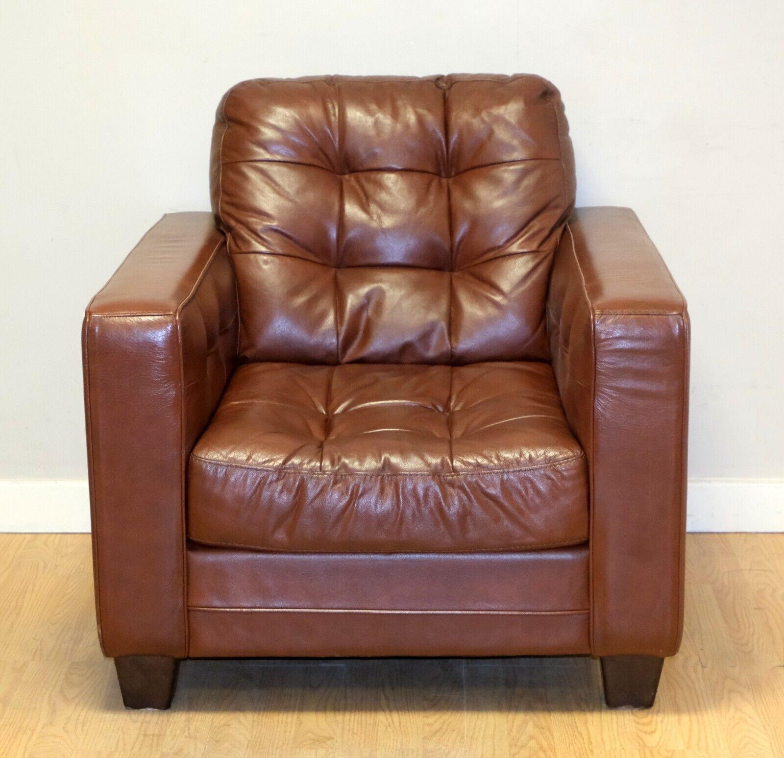 Aged Knoll Style Brown Leather Armchair Chesterfield Style Buttoning Track Arms For Sale 5