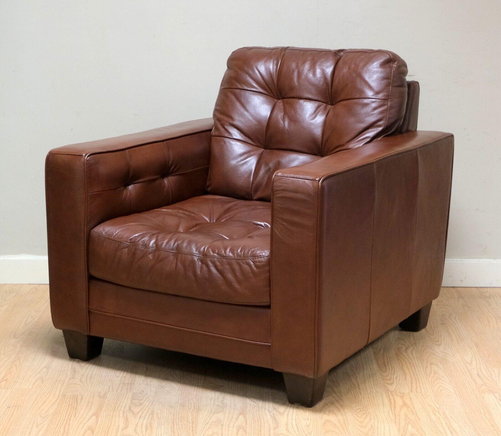 English Aged Knoll Style Brown Leather Armchair Chesterfield Style Buttoning Track Arms For Sale