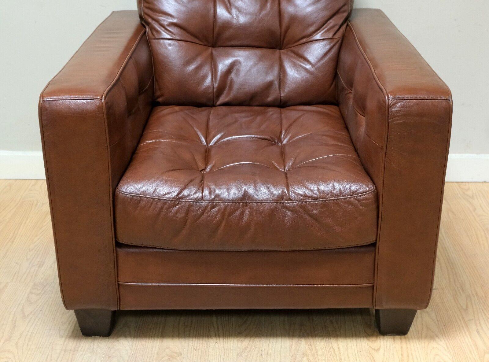 Aged Knoll Style Brown Leather Armchair Chesterfield Style Buttoning Track Arms For Sale 1