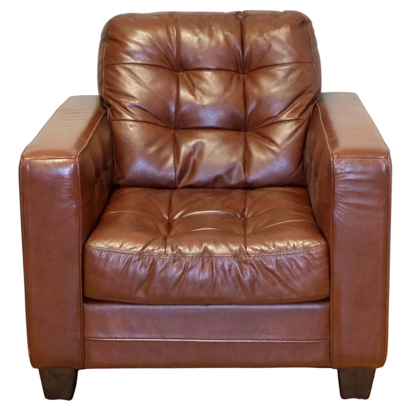 Aged Knoll Style Brown Leather Armchair Chesterfield Style Buttoning Track Arms