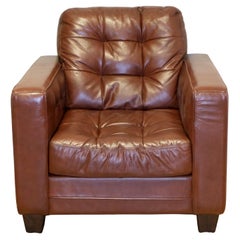 AGED KNOLL STYLE BROWN LEATHER ARMCHAIR CHESTERFIELD STYLE BUTTONING TRACK ARMs