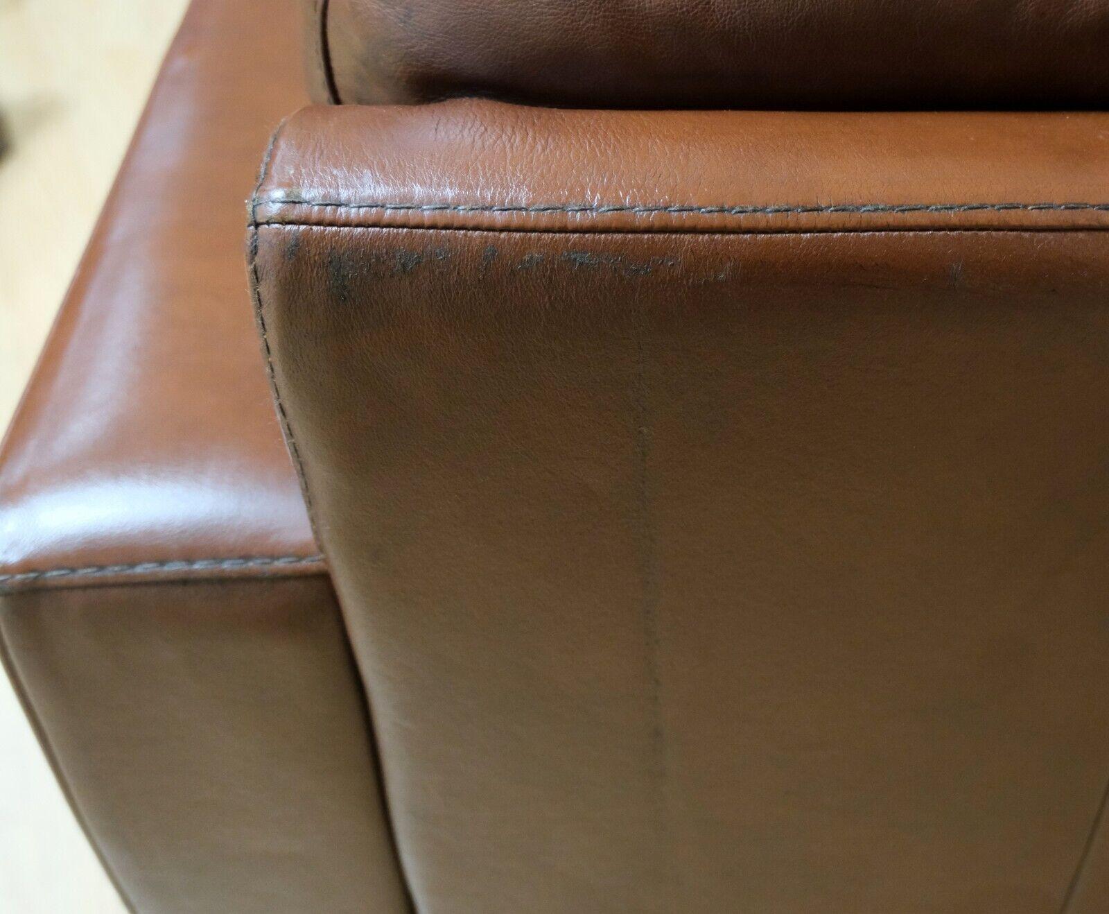20th Century Aged Knoll Style Brown Leather Two Seater Sofa Chesterfield Style Buttoning For Sale