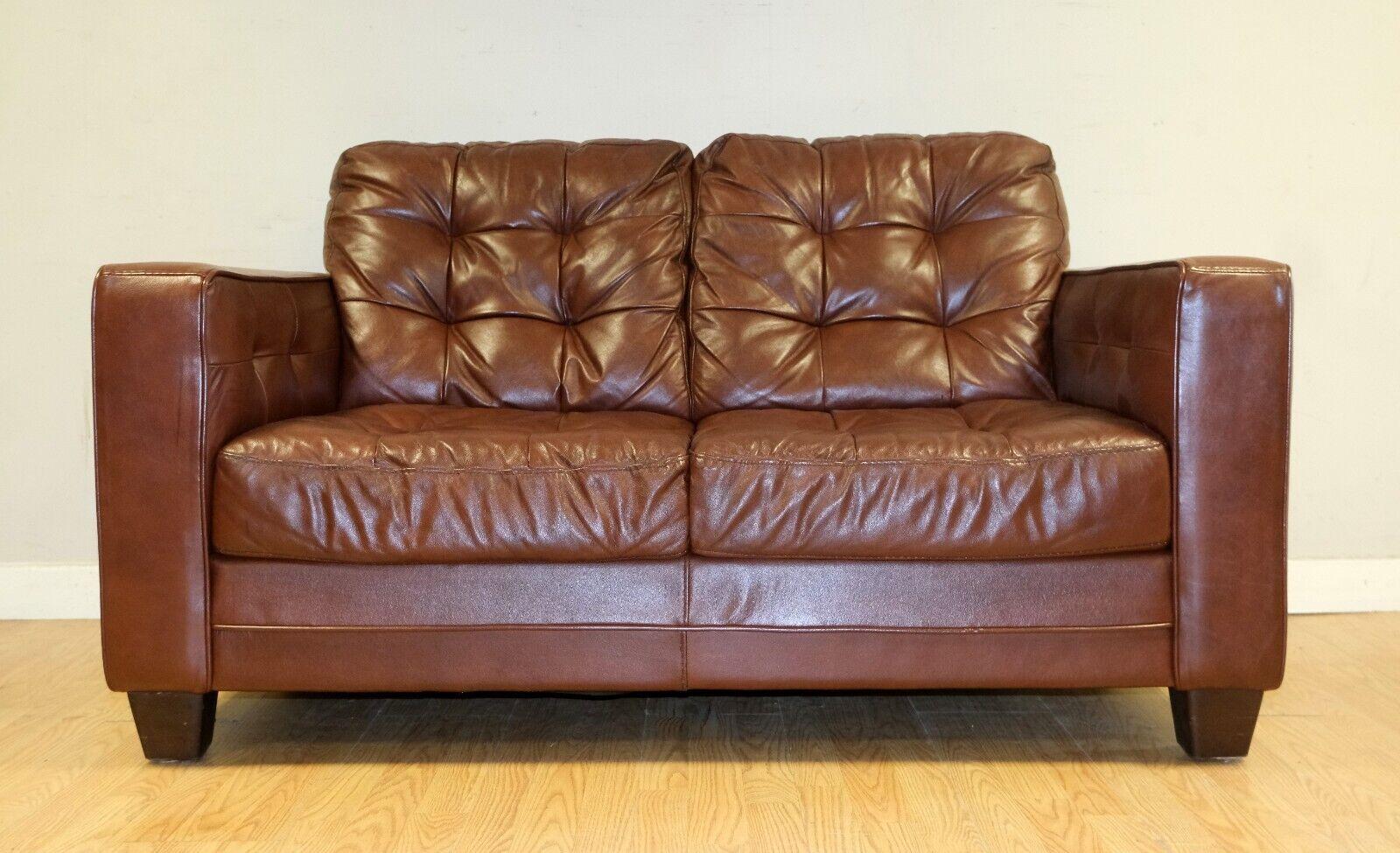 Aged Knoll Style Brown Leather Two Seater Sofa Chesterfield Style Buttoning For Sale 1