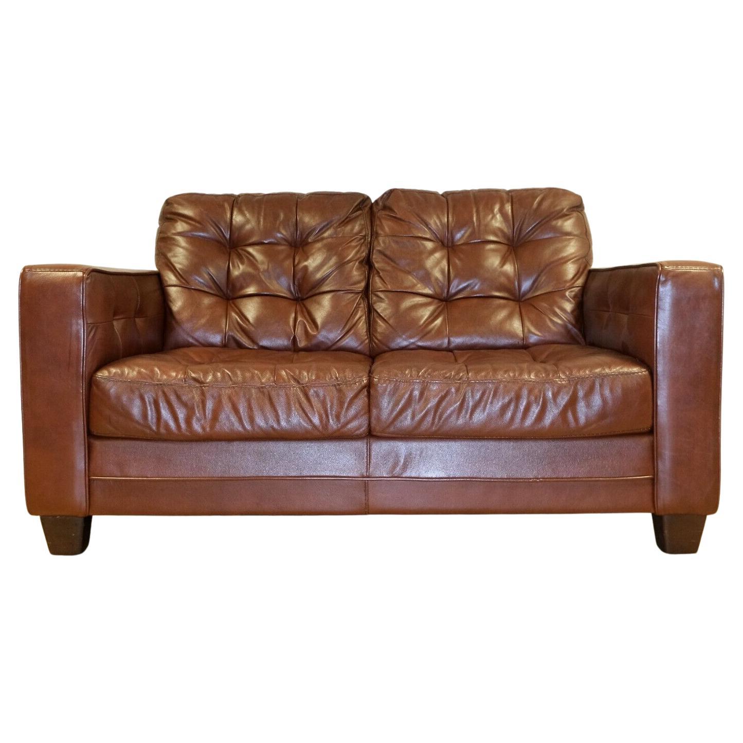 Aged Knoll Style Brown Leather Two Seater Sofa Chesterfield Style Buttoning For Sale
