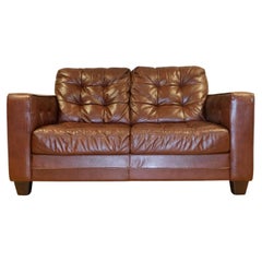 Aged Knoll Style Brown Leather Two Seater Sofa Chesterfield Style Buttoning
