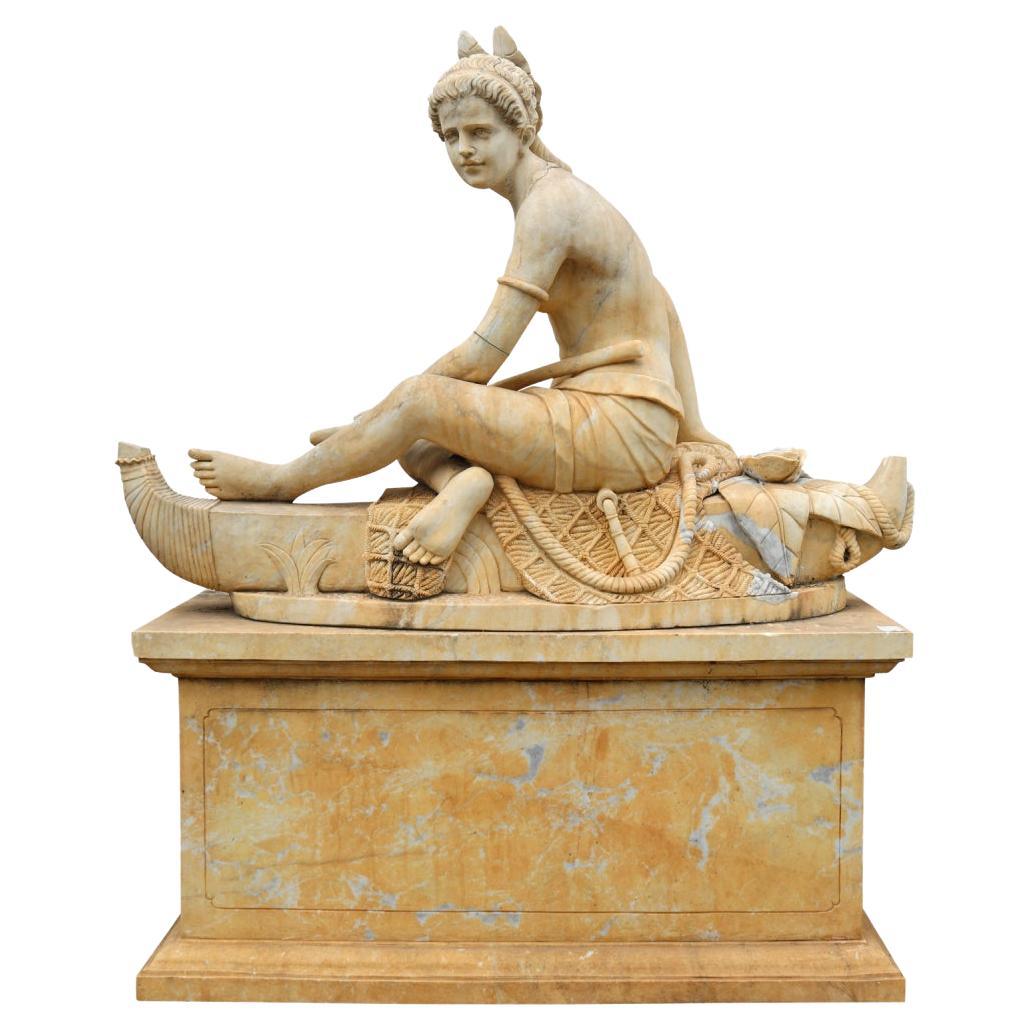 Aged Marble Sculpture of an Egyptian Woman on a Classical Boat and Base