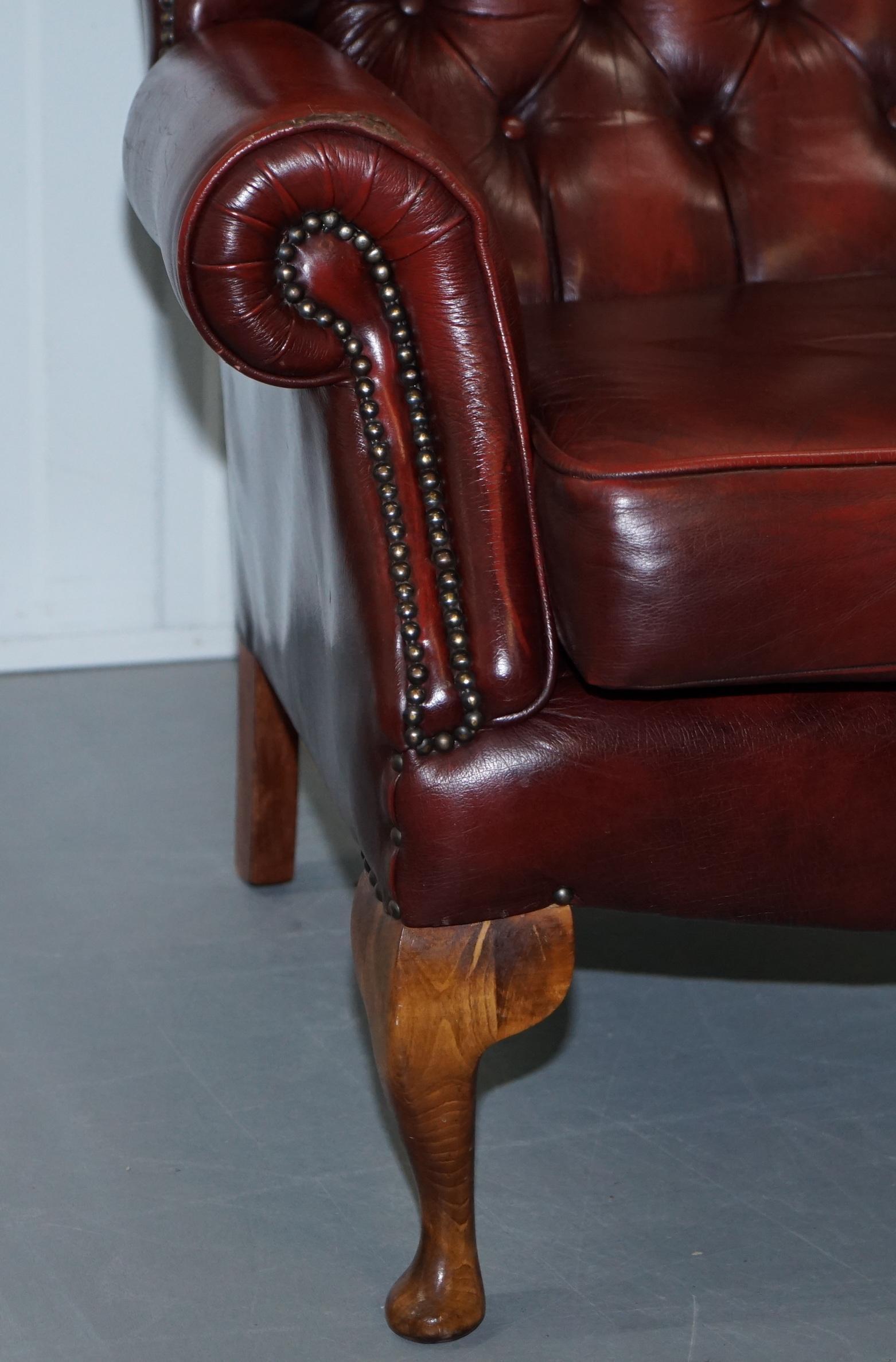 Aged Oxblood Leather Chesterfield Wingback Armchair Cushion Base Thick Hide 2