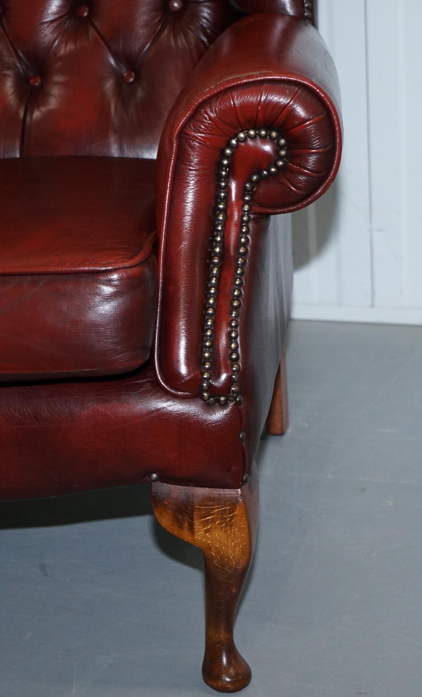 Aged Oxblood Leather Chesterfield Wingback Armchair Cushion Base Thick Hide 5