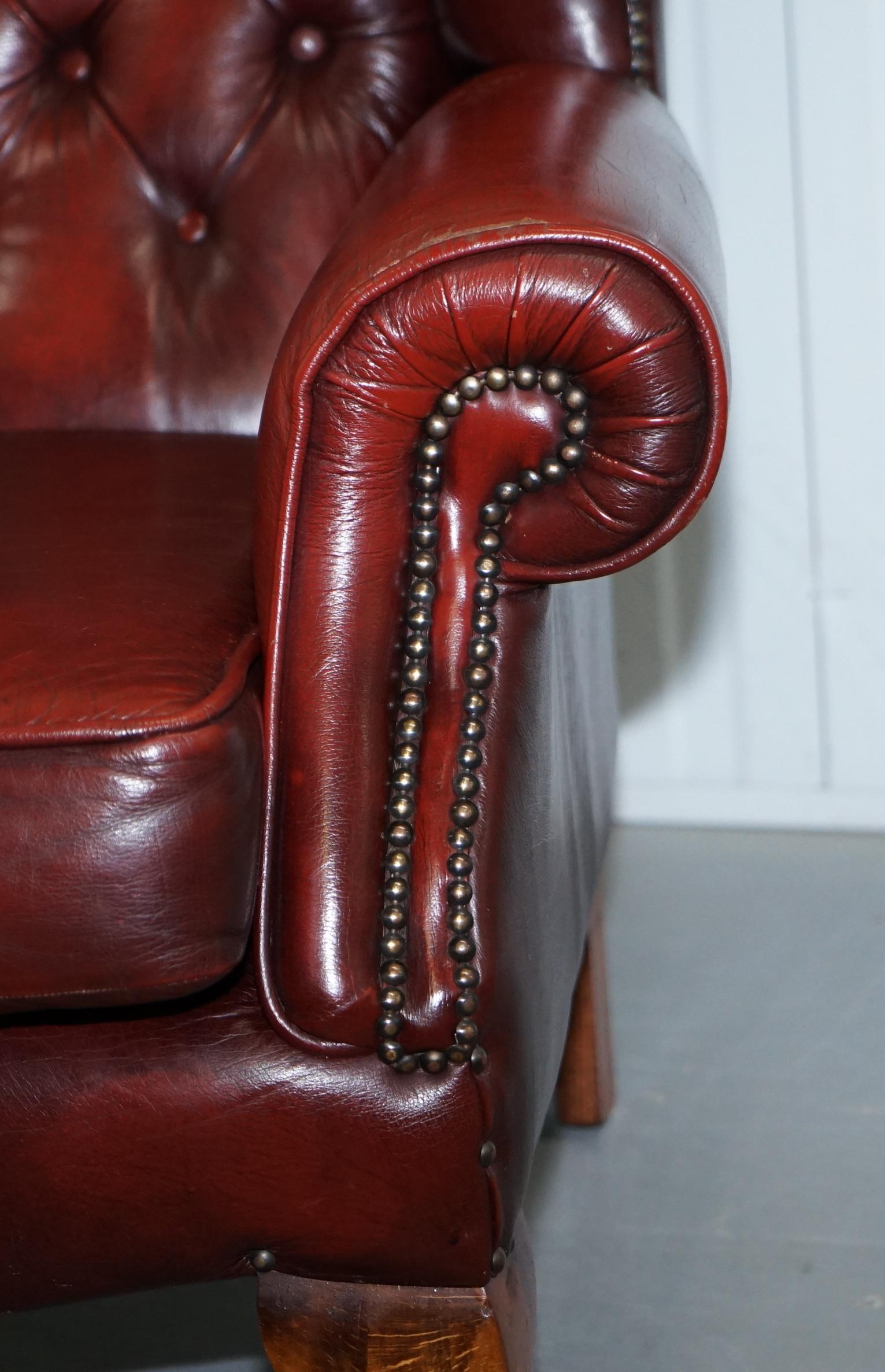Aged Oxblood Leather Chesterfield Wingback Armchair Cushion Base Thick Hide 6