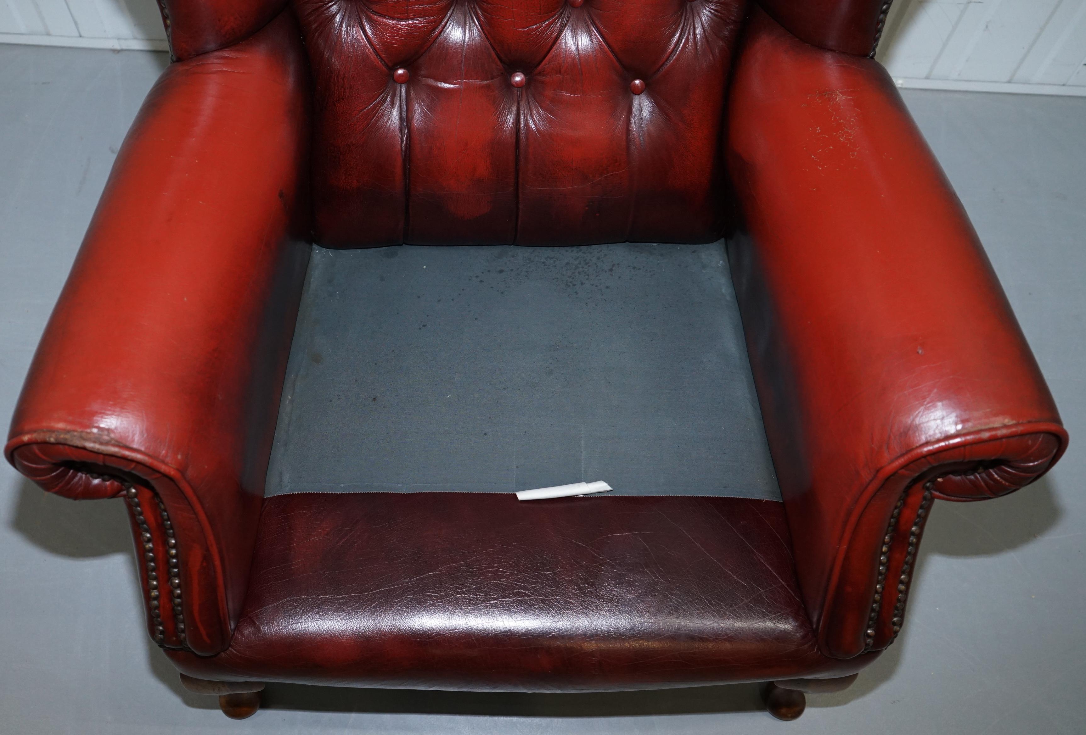 Aged Oxblood Leather Chesterfield Wingback Armchair Cushion Base Thick Hide 8