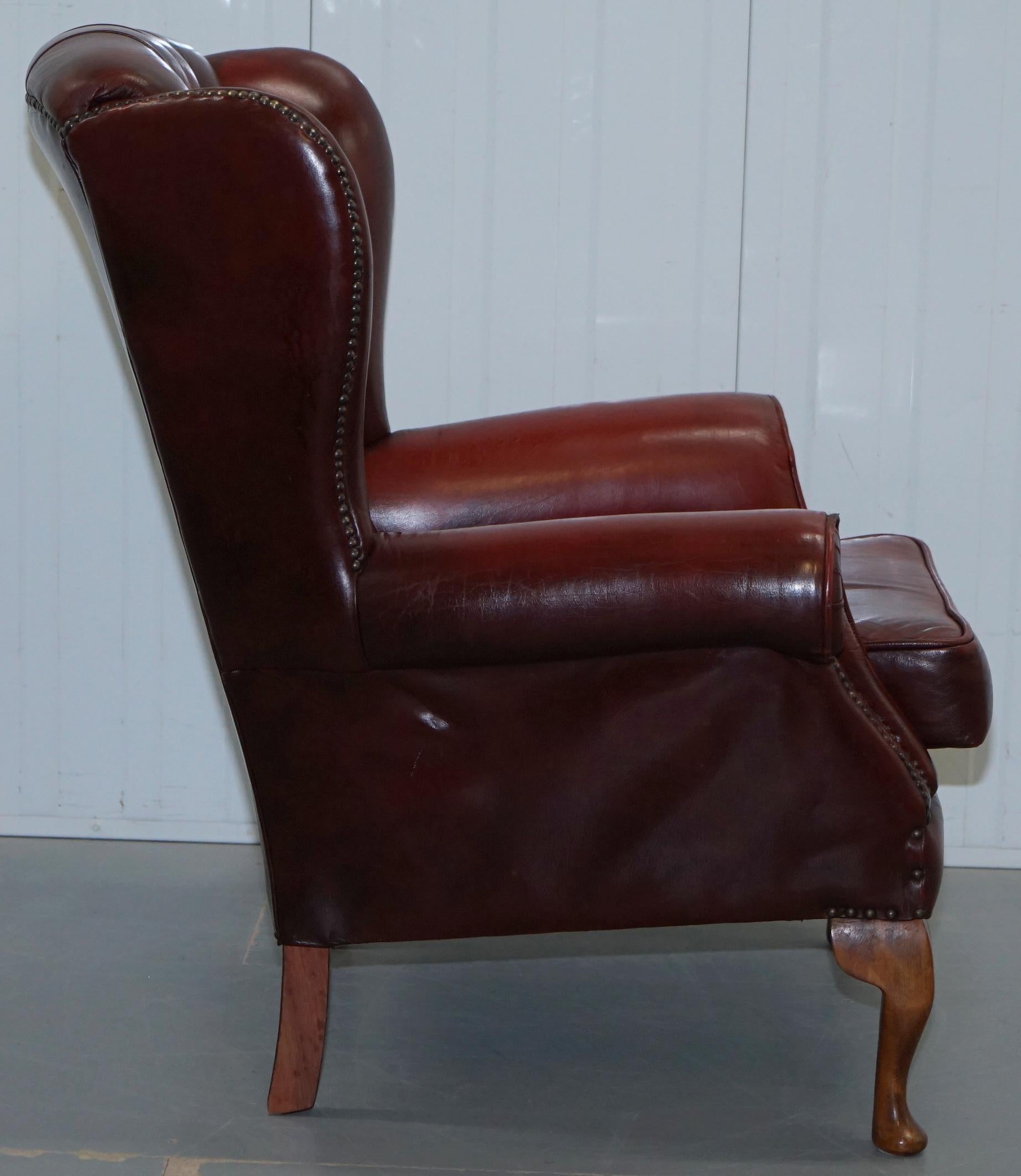 Aged Oxblood Leather Chesterfield Wingback Armchair Cushion Base Thick Hide 9