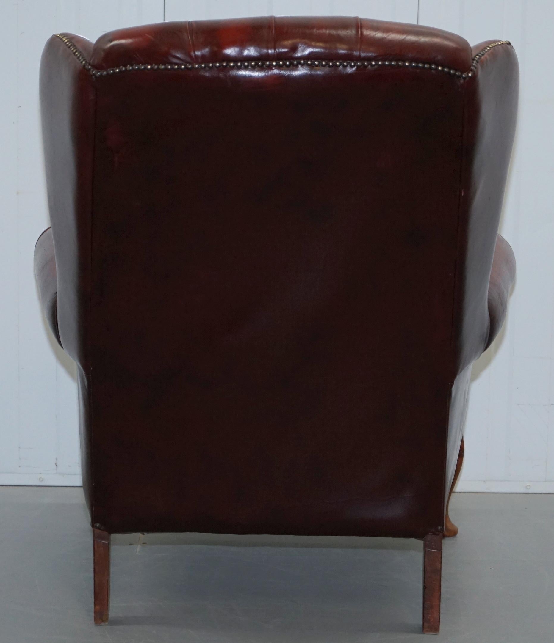 Aged Oxblood Leather Chesterfield Wingback Armchair Cushion Base Thick Hide 10