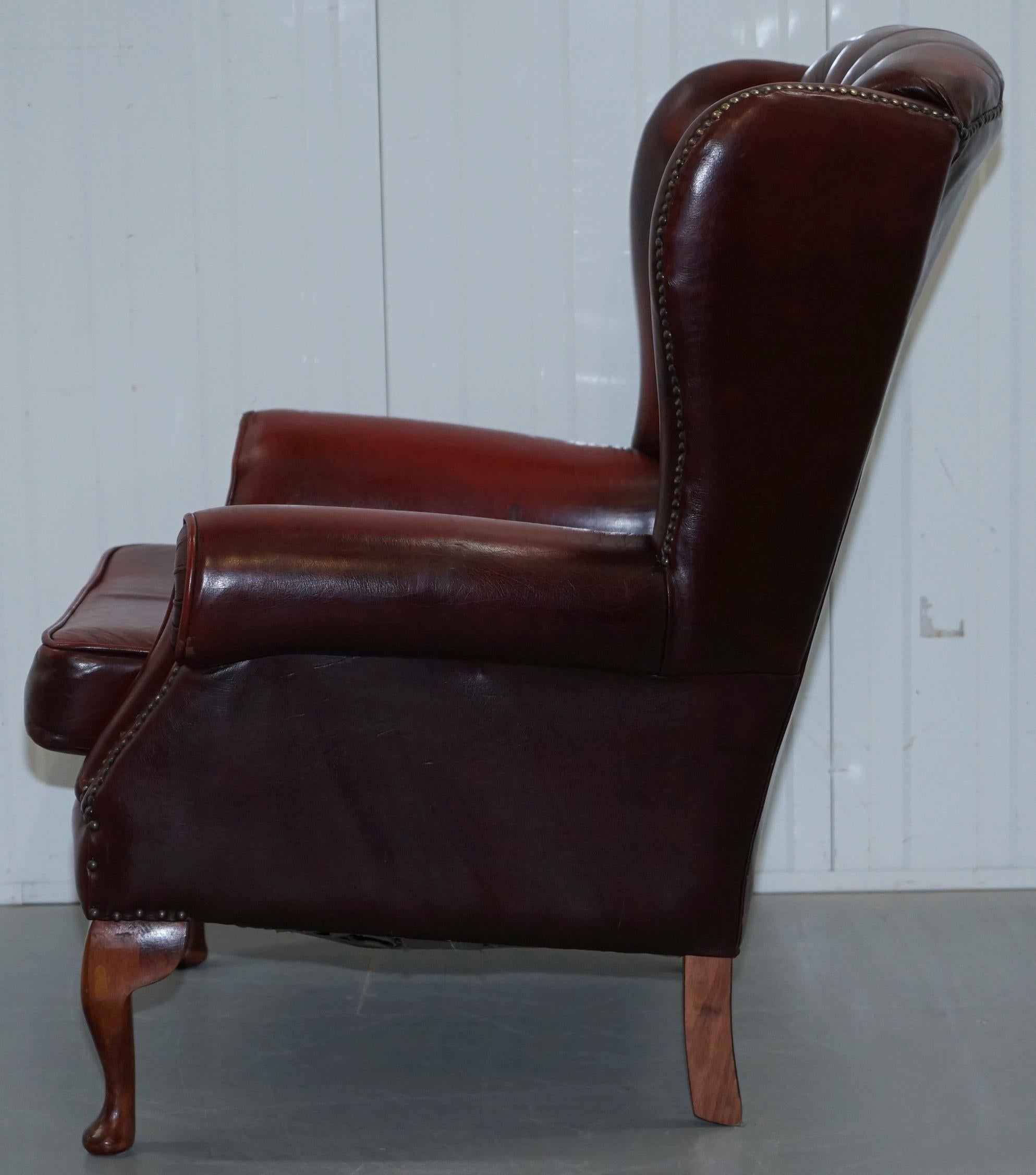 Aged Oxblood Leather Chesterfield Wingback Armchair Cushion Base Thick Hide 11