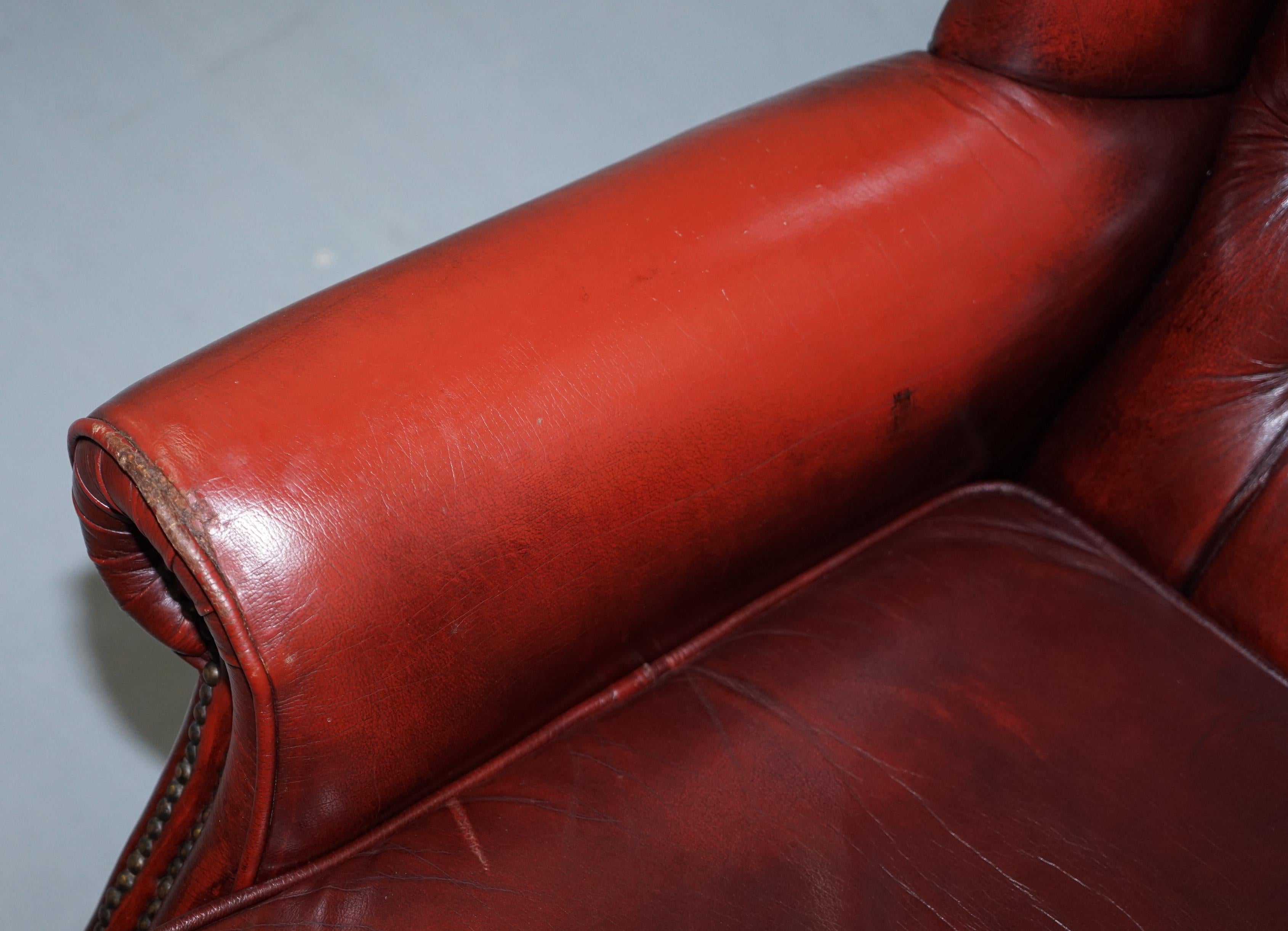 Victorian Aged Oxblood Leather Chesterfield Wingback Armchair Cushion Base Thick Hide