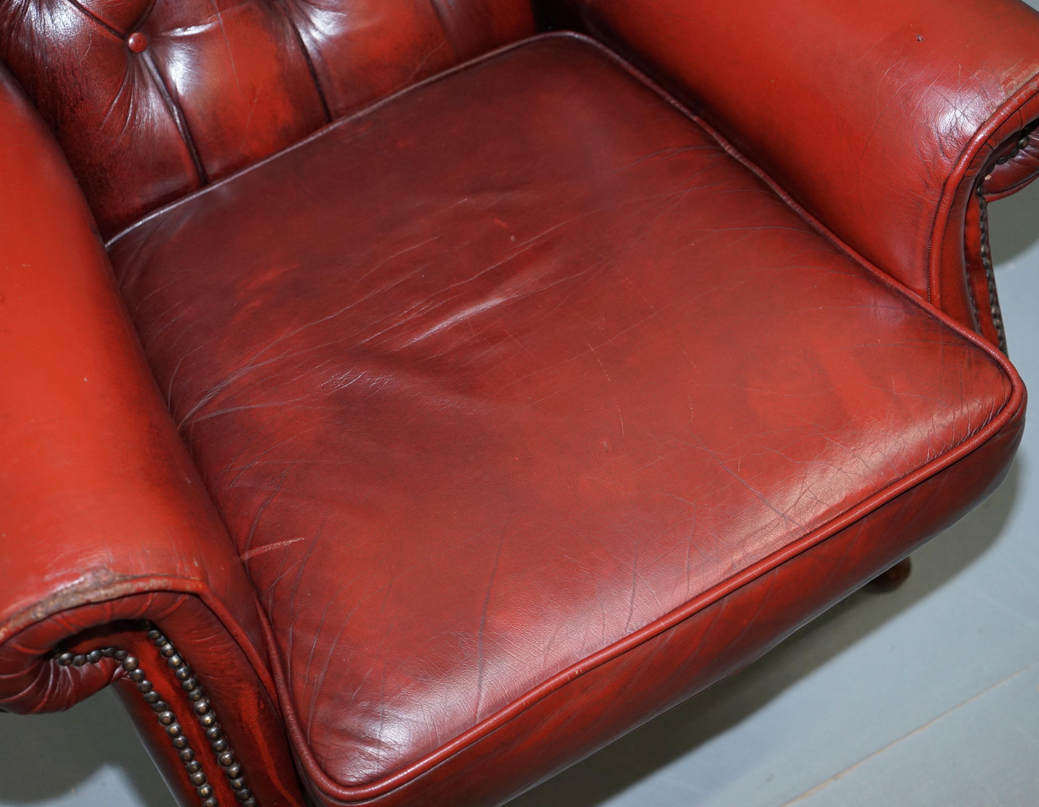Hand-Crafted Aged Oxblood Leather Chesterfield Wingback Armchair Cushion Base Thick Hide