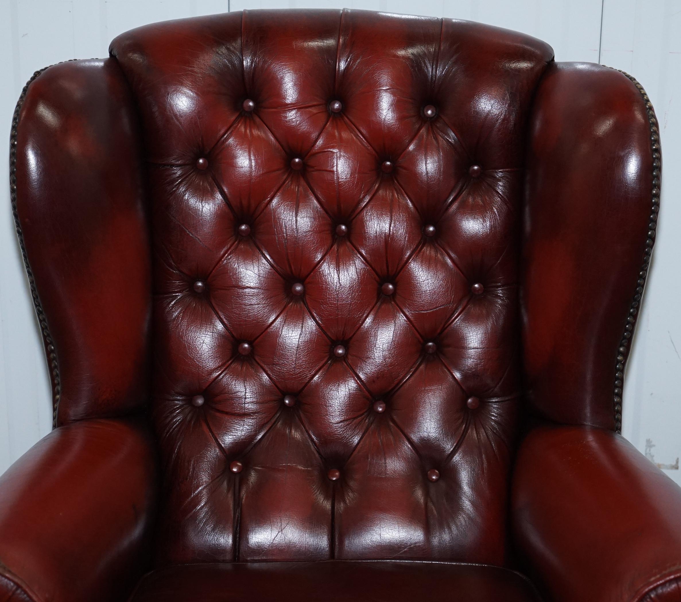 20th Century Aged Oxblood Leather Chesterfield Wingback Armchair Cushion Base Thick Hide