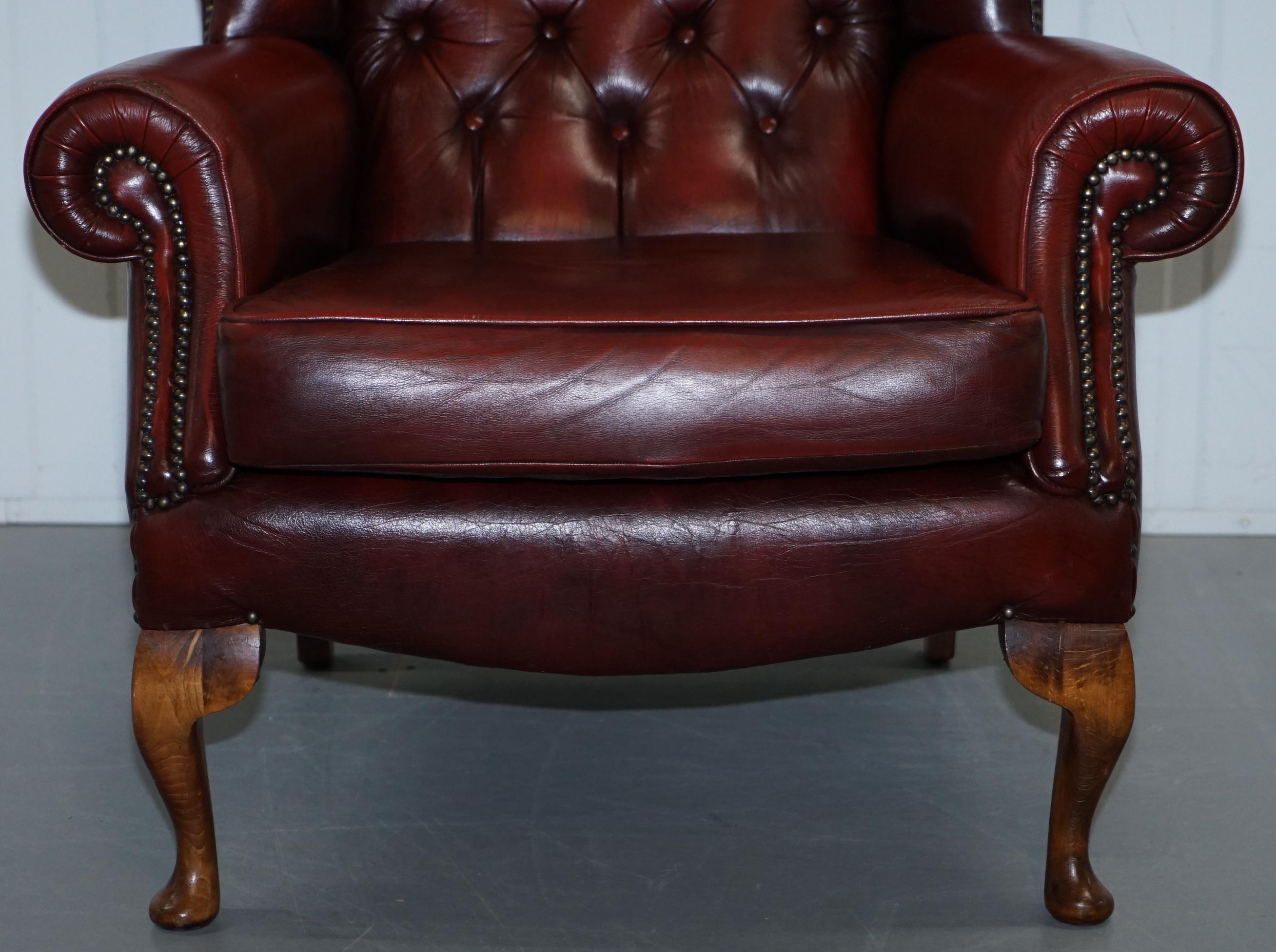 Aged Oxblood Leather Chesterfield Wingback Armchair Cushion Base Thick Hide 1