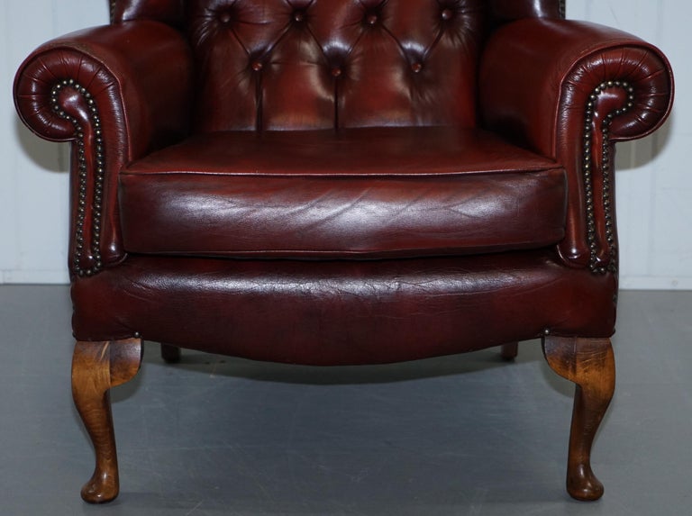 Aged Oxblood Leather Chesterfield Wingback Armchair Cushion Base Thick