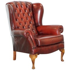 Aged Oxblood Leather Chesterfield Wingback Armchair Cushion Base Thick Hide