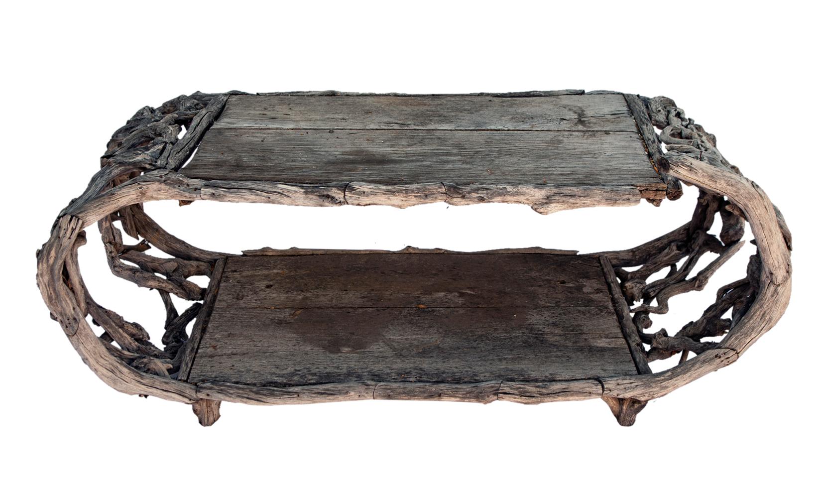 Rustic Aged Teak / Driftwood Indoor/Outdoor Coffee Table For Sale