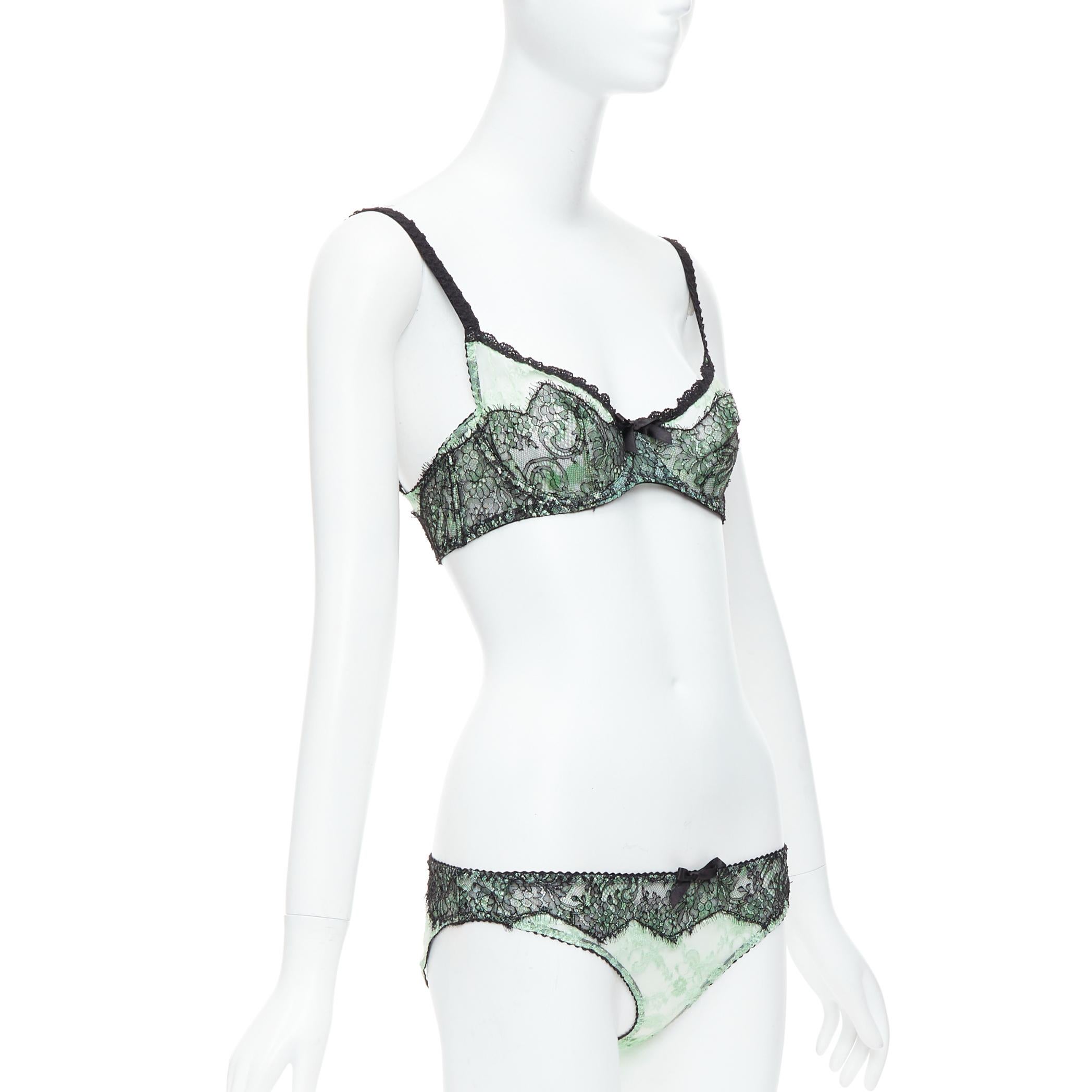Gray AGENT PROVOCATEUR mint green lace black bow bra panty set FR90C For Sale