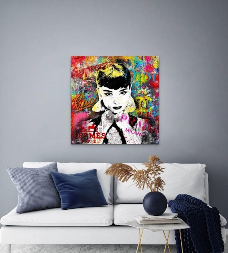 Audrey Hepburn en tant qu'artiste d'origine, nature morte, pop art, abstrait   - Painting de Agent X