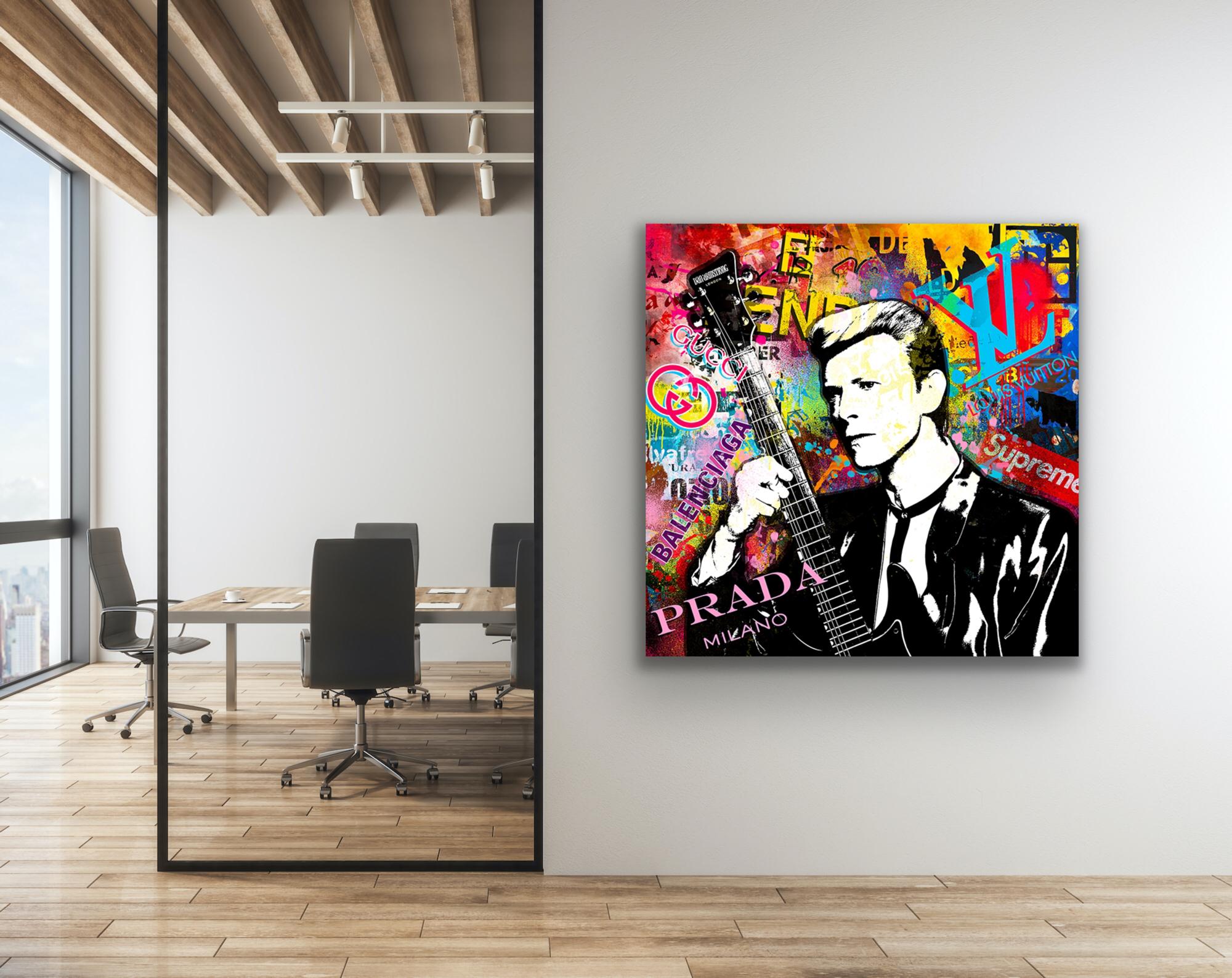 (Bowie) Wishful Mysteries, Colourful Pop Art Painting, Contemporary Portraiture - Black Portrait Painting by Agent X