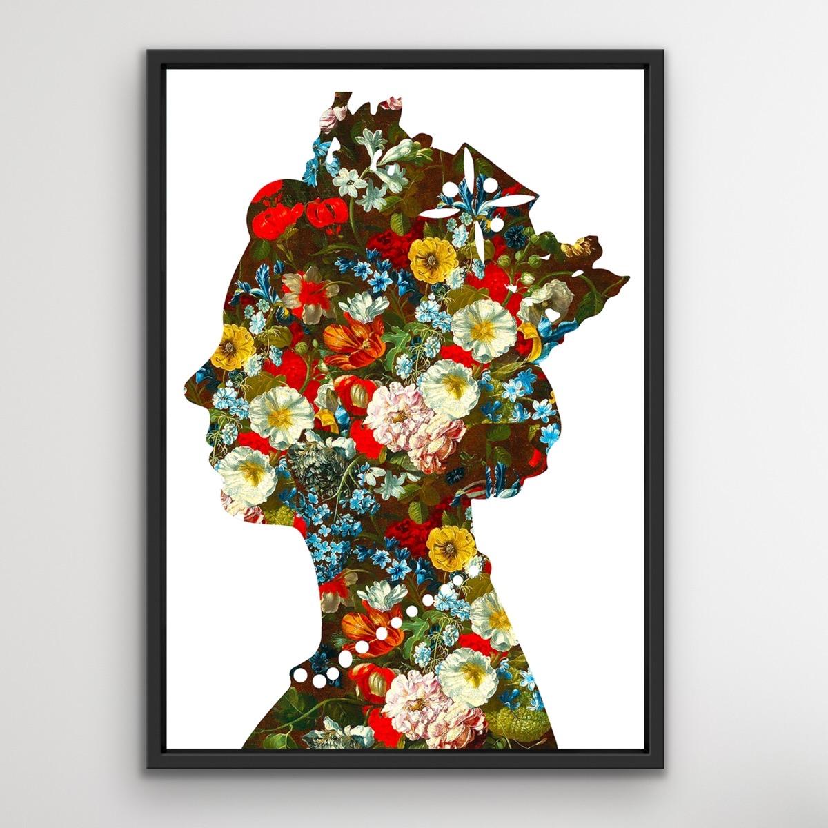 One Queen (02) is an Original on Canvas by Agent. ’One Queen (02)depicts silhouette of the Queen. Agent X creates the illusion of a cut-out to reveal a Baroque, floral painting underneath. With its bold composition of the antique with the