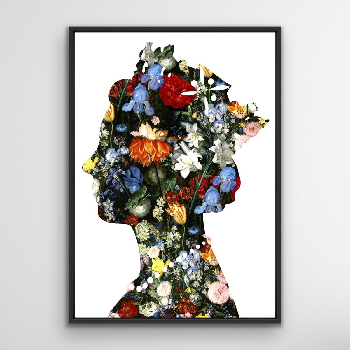 One Queen (17) is an Original on Canvas by Agent. ’One Queen (17)depicts silhouette of the Queen. 
Agent X digital artworks available with Wychwood Art online and in our gallery. Agent X creates the illusion of a cut-out to reveal a Baroque, floral