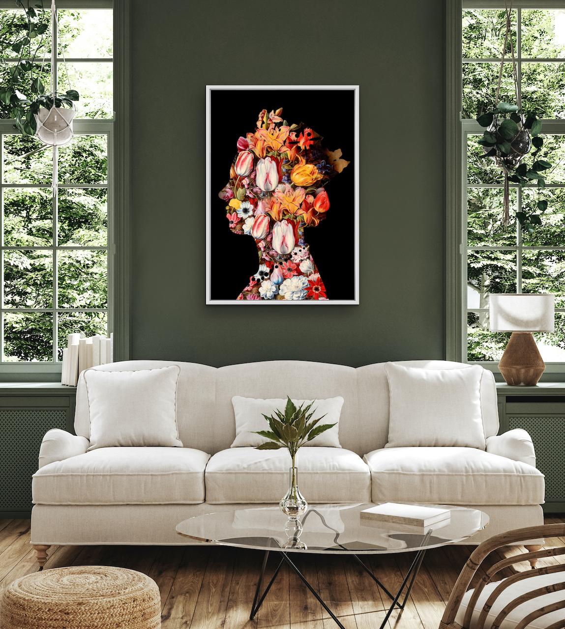 One Queen (2) Black, Contemporary Floral Art, Queen Elizabeth II, Digital Prints - Painting by Agent X