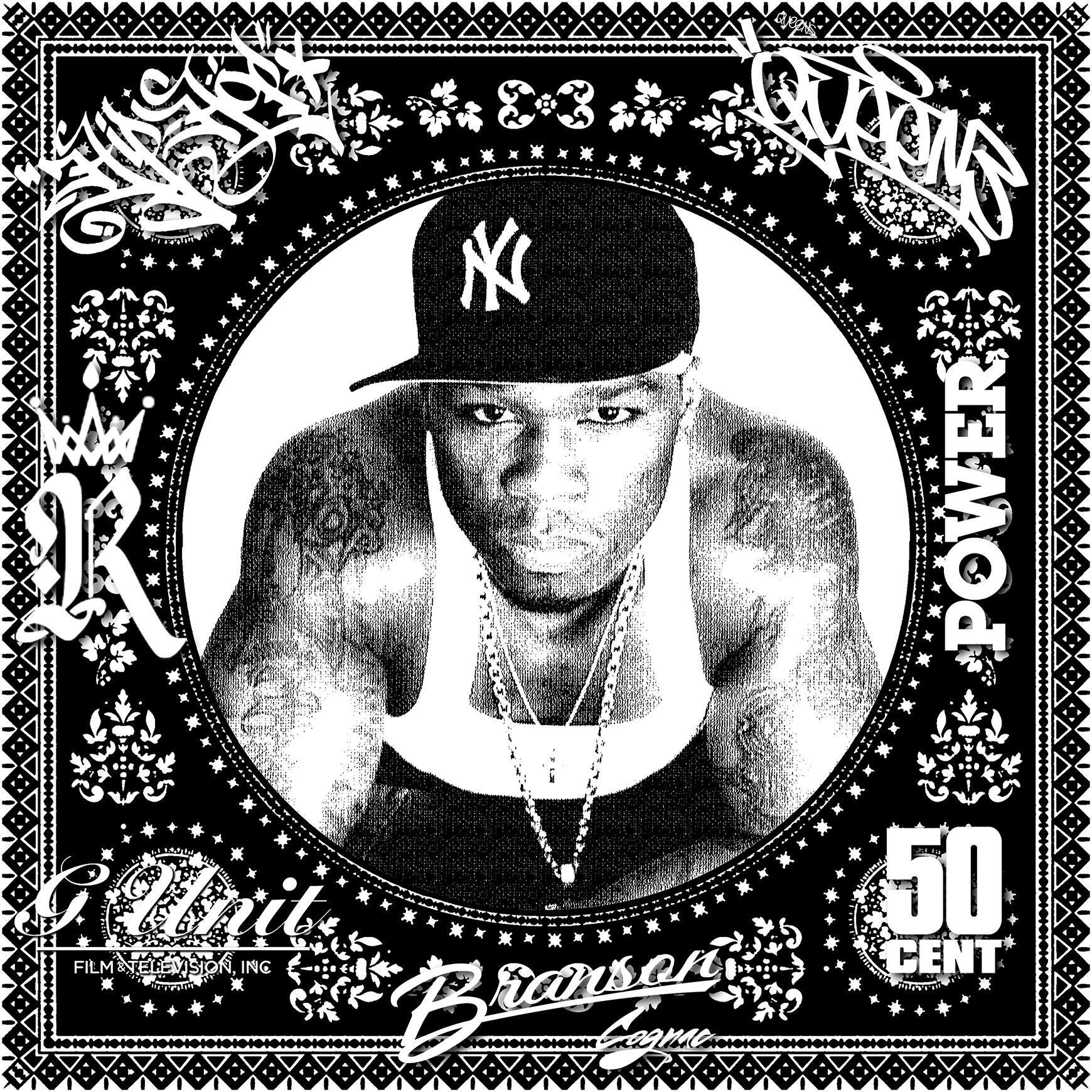 50 Cent (Black & White) (50 Years, Hip Hop, Rap, Iconic, Artist, Musician) - Print by Agent X