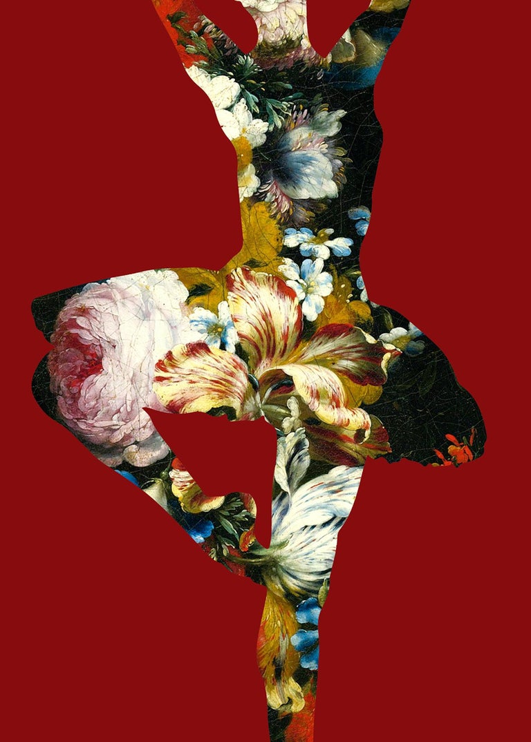 Agent X, En Dedans Pirouette Avec Des Fleurs (Red), Contemporary Art, Ballet Art - Black Still-Life Print by Agent X
