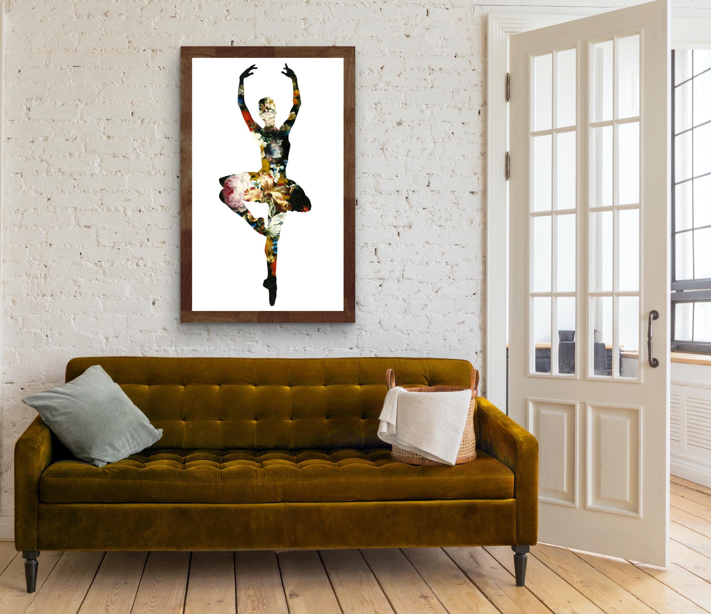 ‘En Dedans Pirouette Avec Les Fleurs (white)’ depicts the silhouette of a ballet dancer, caught mid-pirouette. As if snipped from the pure white background, Agent X creates the illusion of a cut-out, to reveal a Baroque, floral painting underneath