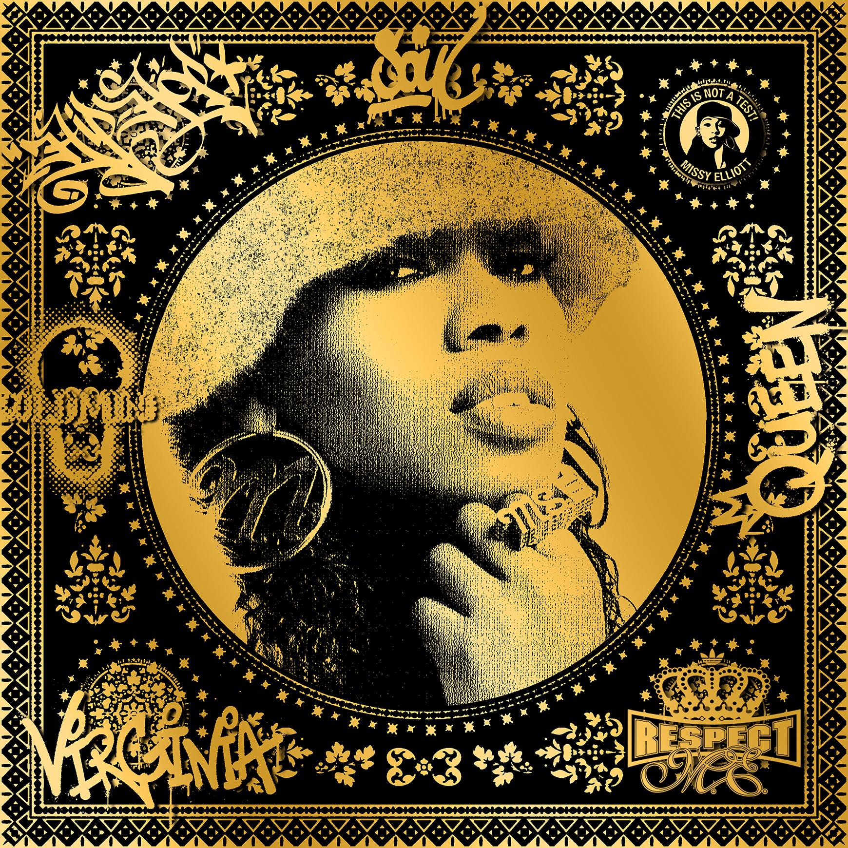 Missy Elliott (Gold) (50 Jahre, Hip Hop, Rap, Ikonisch, Künstlerin, Musikerin, Rapper) – Print von Agent X