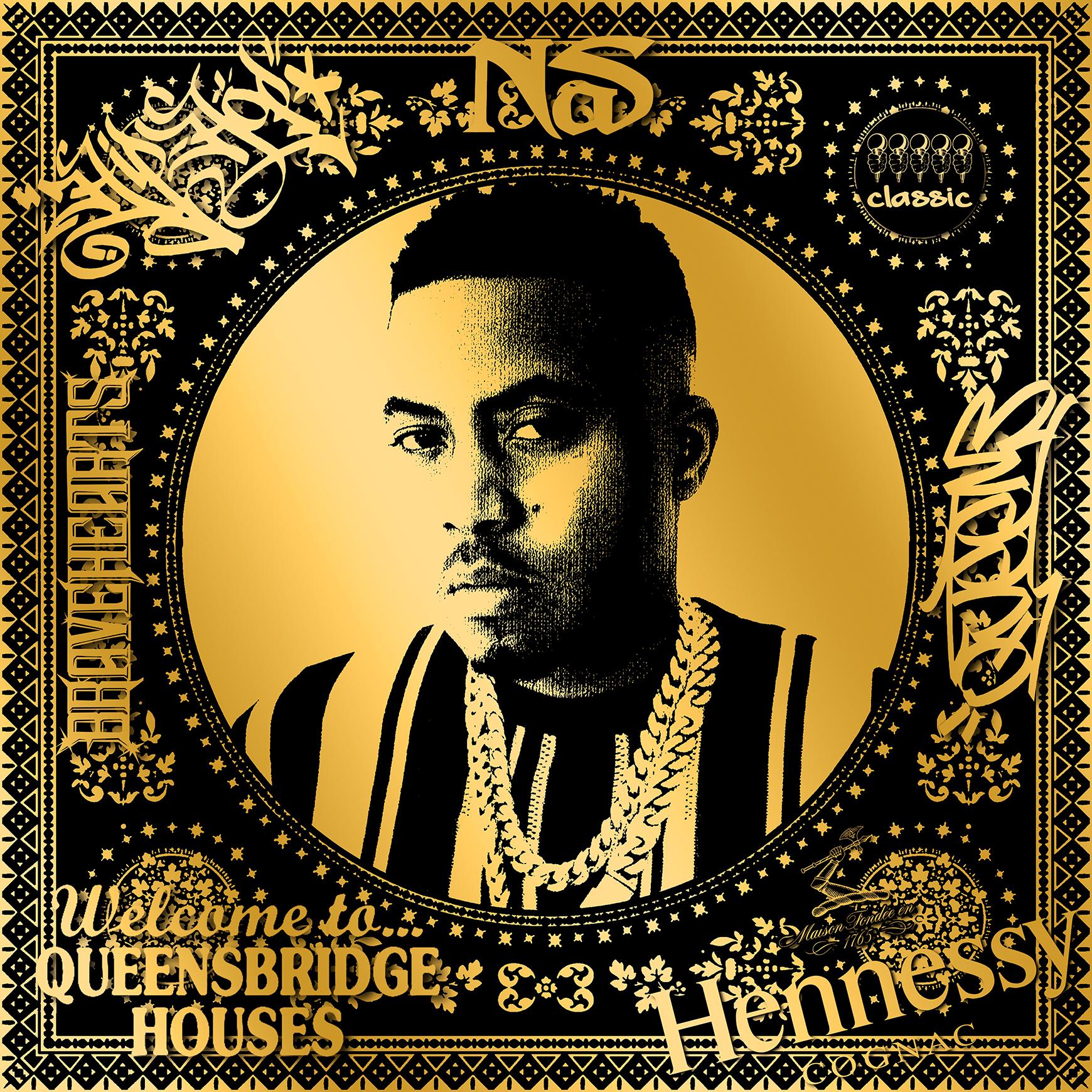 Agent X Figurative Print - Nas (Gold)(50 Years, Hip Hop, Iconic, Artist, Musician, Rapper, Anniversary)