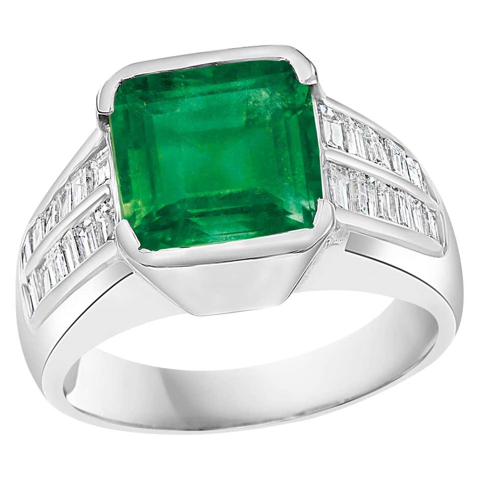 AGI Certified 5 Ct Emerald Cut Colombian Emerald Diamond Platinum Ring ...