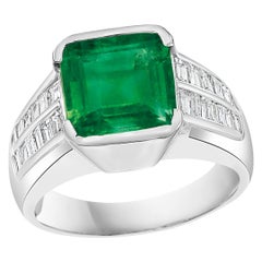 AGI Certified 5 Ct Emerald Cut Colombian Emerald Diamond Platinum Ring, Unisex