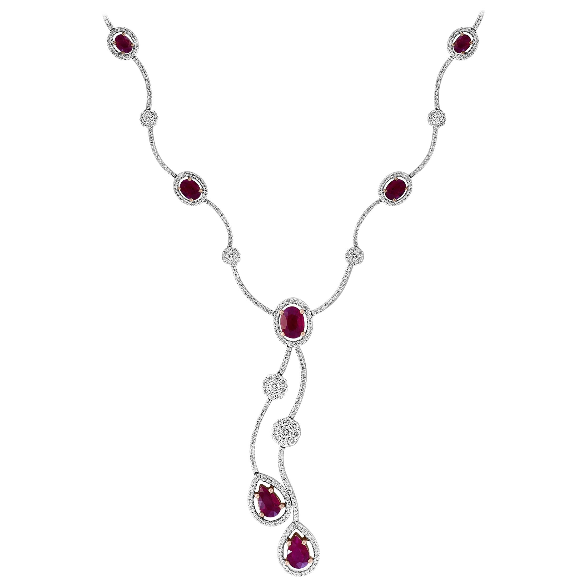 Collier en or blanc 18 carats avec rubis de Birmanie naturels certifiés AGIS et diamants