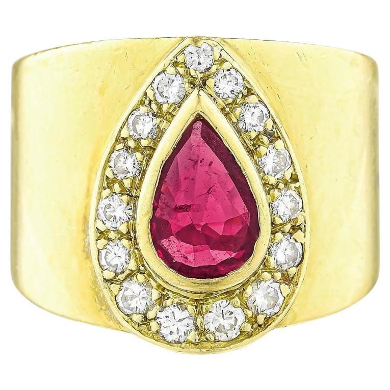 AGI Certified Natural Pear Ruby and White Diamond Cocktail Ring in 18K Gold