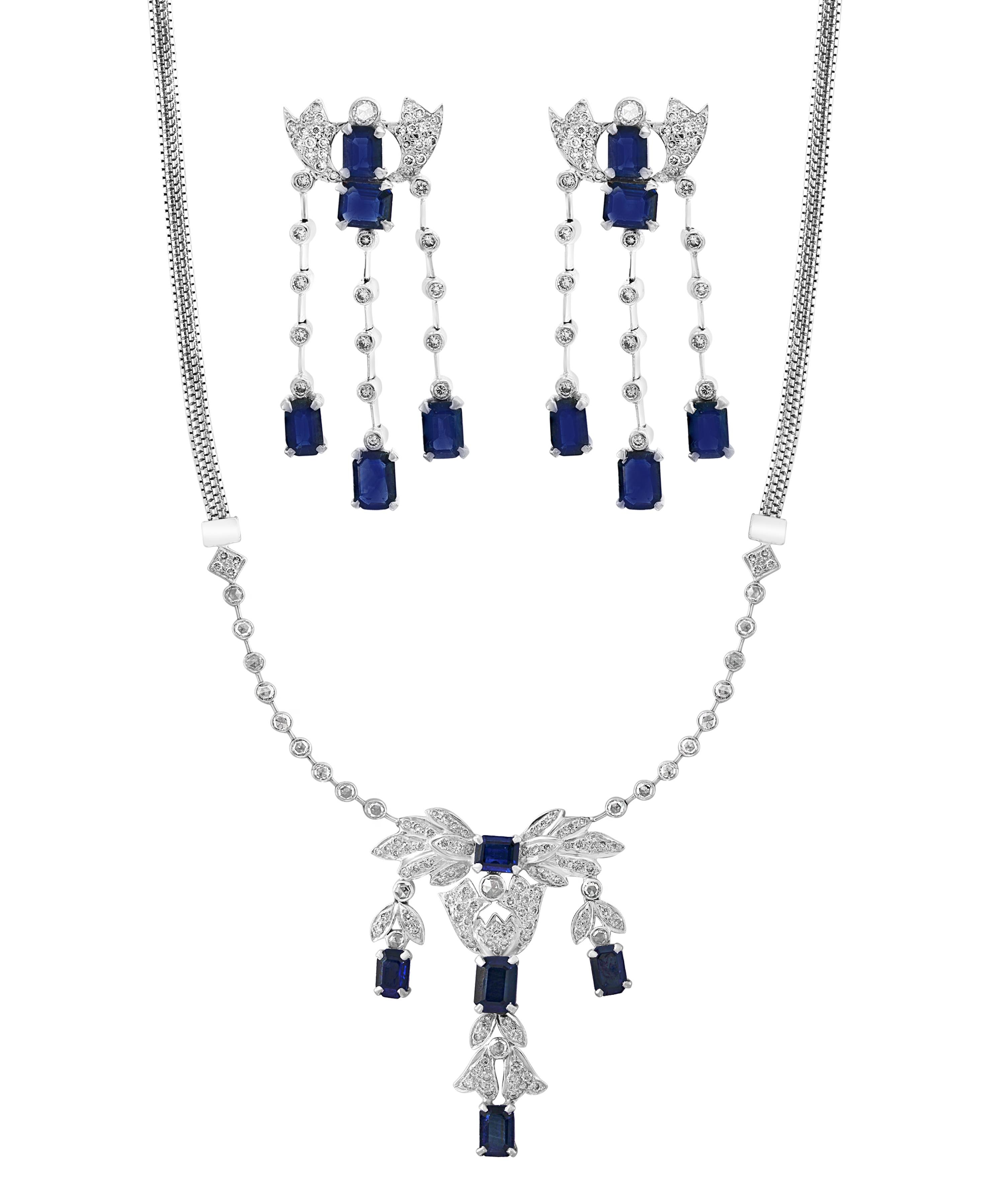 AGI Natural Blue Sapphire & Diamond Necklace 18 Karat White Gold, Suite, Estate For Sale 3