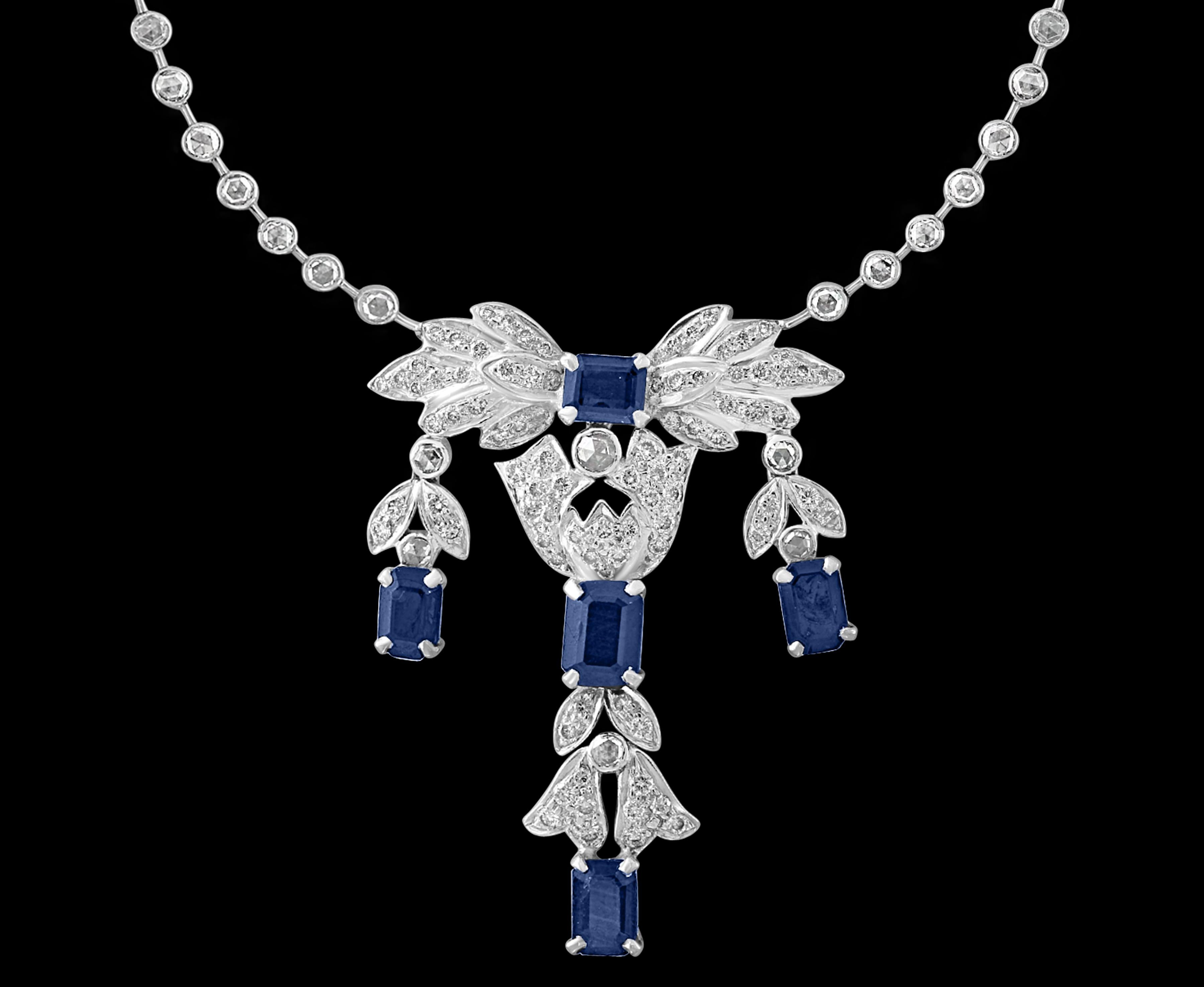 This Necklace and Earrings set is a true masterpiece that showcases the exceptional quality and beauty of natural sapphires and diamonds. The necklace is made out of 18 Karat white gold and consists of 5 emerald cut natural sapphires, with a total