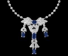 AGI Natural Blue Sapphire & Diamond Necklace 18 Karat White Gold, Suite, Estate