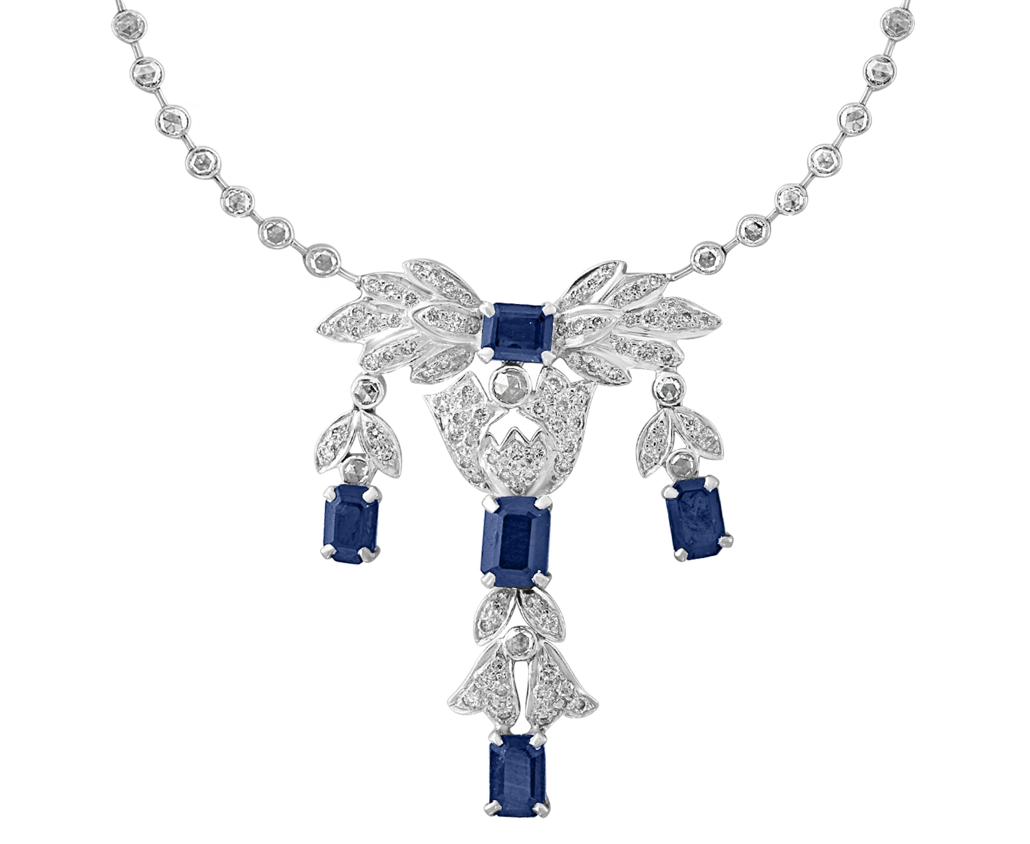 Emerald Cut AGI Natural Blue Sapphire & Diamond Necklace 18 Karat White Gold, Suite, Estate For Sale