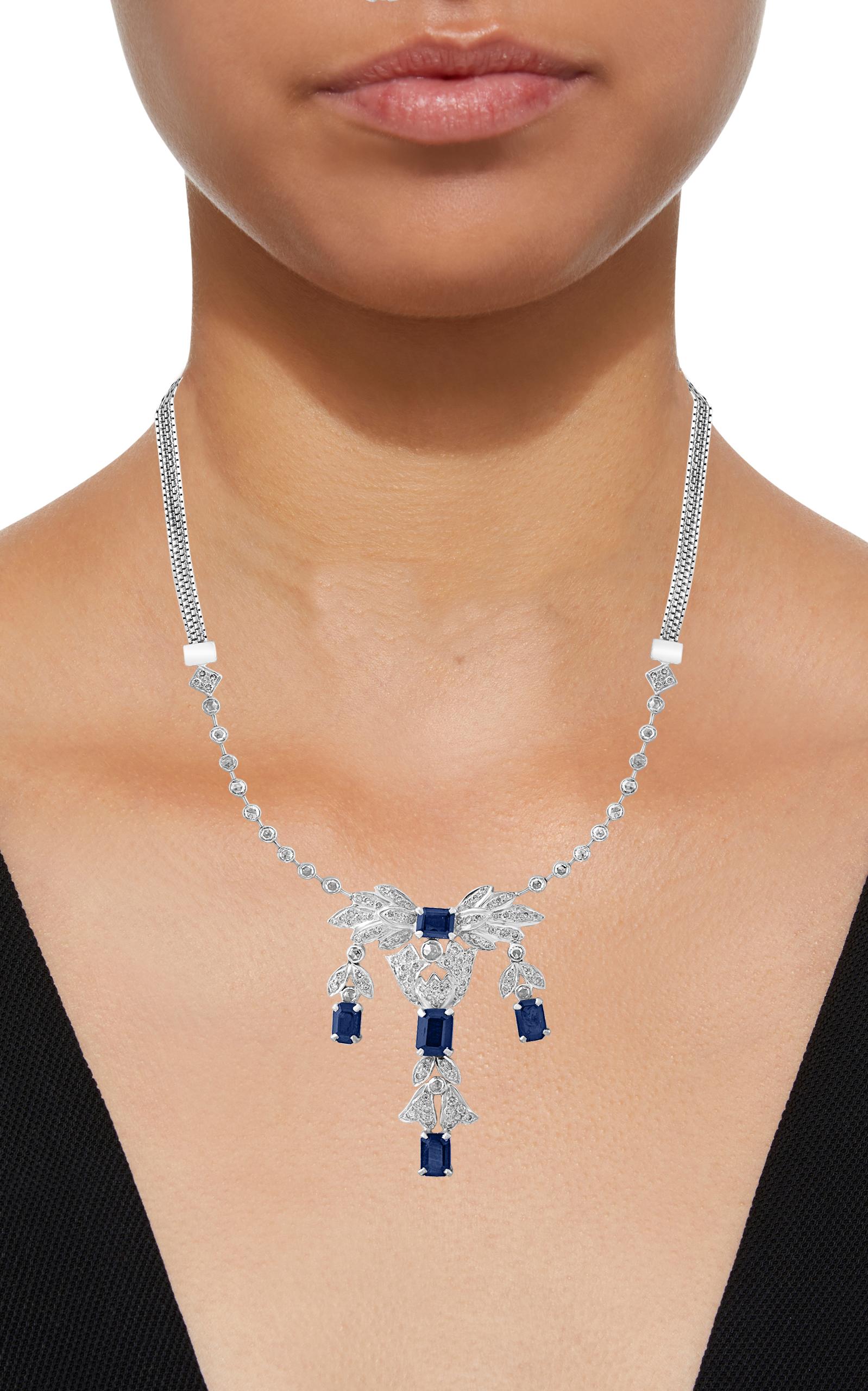 AGI Natural Blue Sapphire & Diamond Necklace 18 Karat White Gold, Suite, Estate In Excellent Condition For Sale In New York, NY