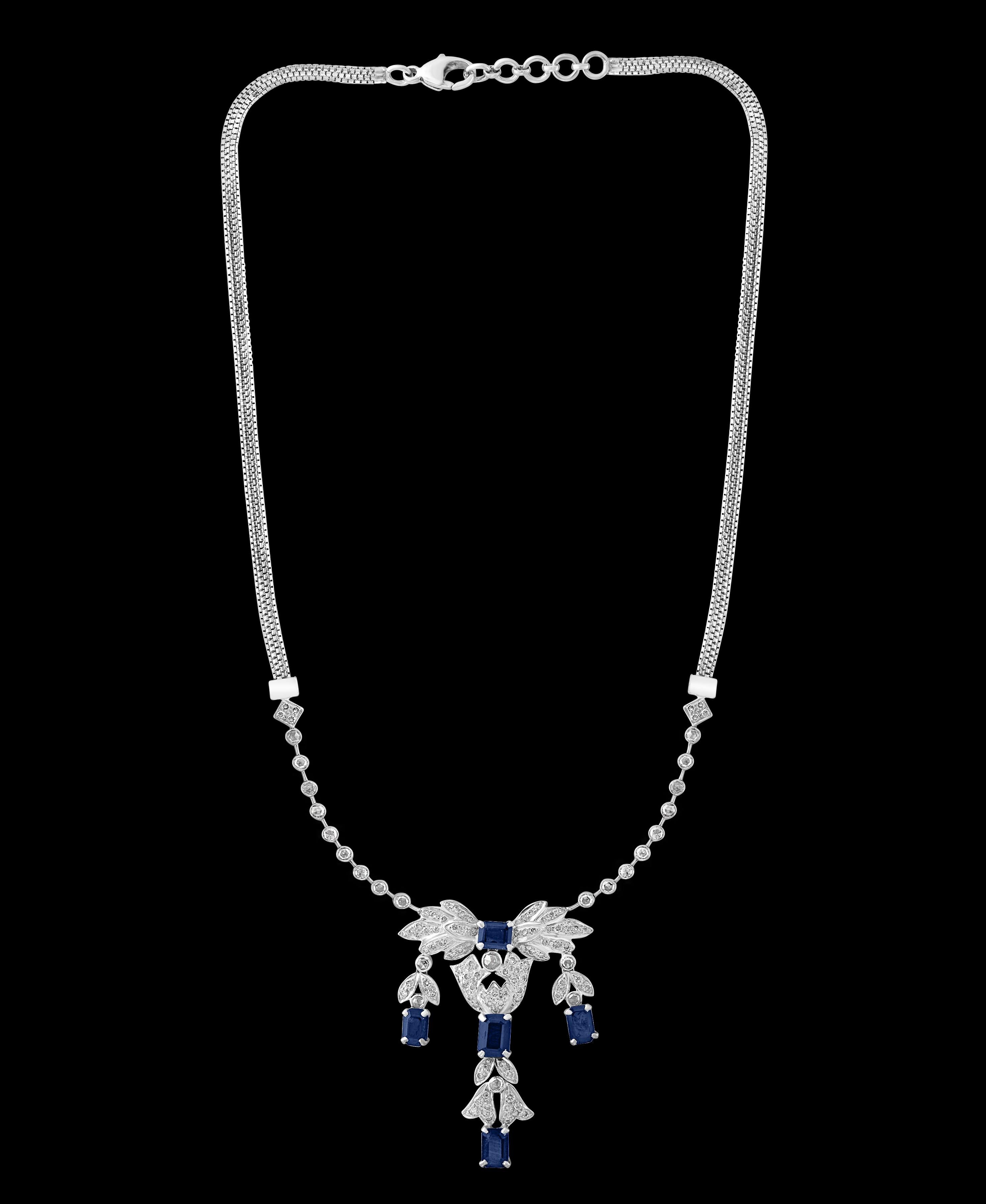 Women's AGI Natural Blue Sapphire & Diamond Necklace 18 Karat White Gold, Suite, Estate For Sale