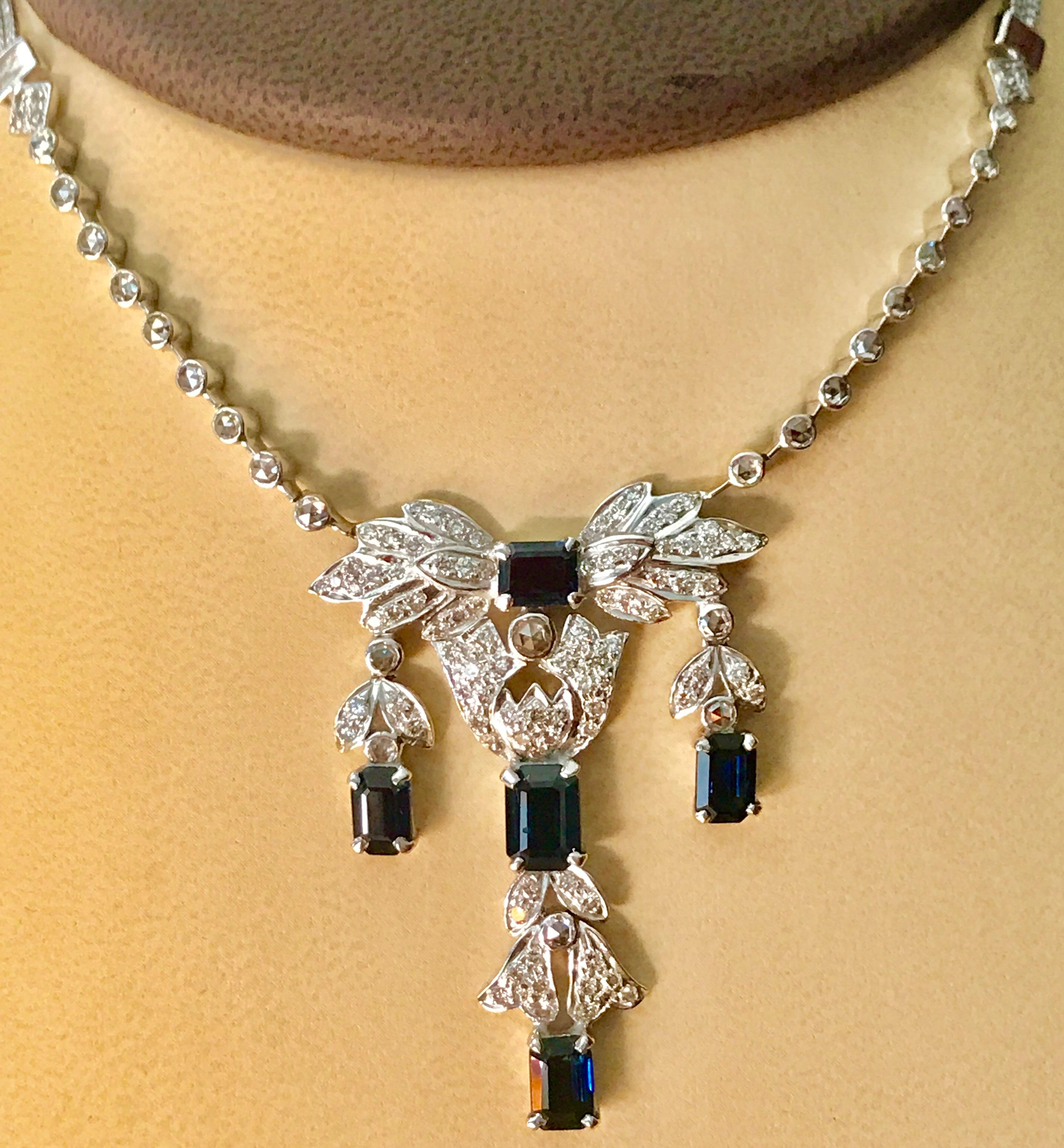 AGI Natural Blue Sapphire & Diamond Necklace 18 Karat White Gold, Suite, Estate For Sale 2