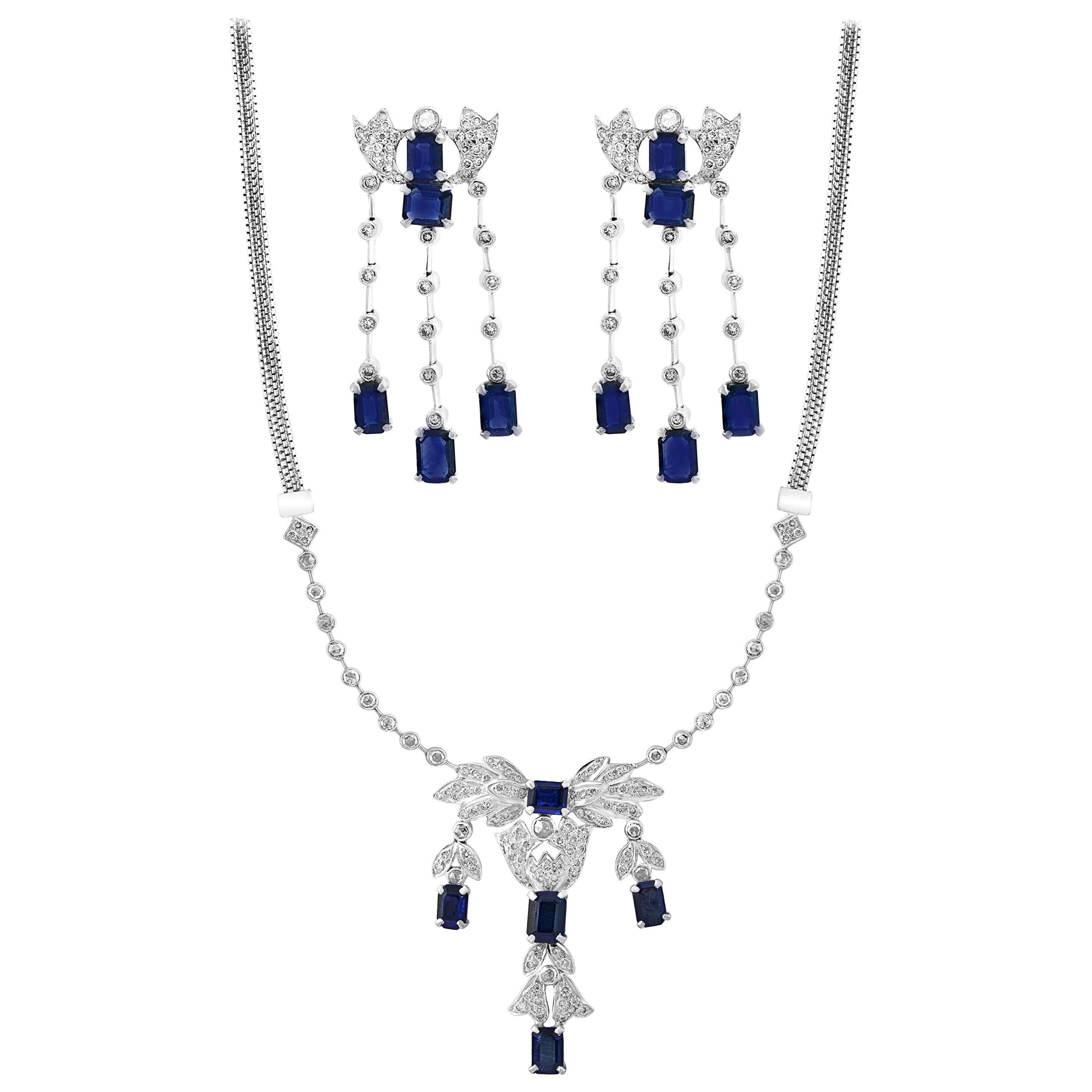 AGI Natural Blue Sapphire & Diamond Necklace 18 Karat White Gold, Suite, Estate For Sale
