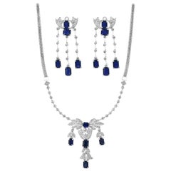AGI Natural Blue Sapphire & Diamond Necklace 18 Karat White Gold, Suite, Estate