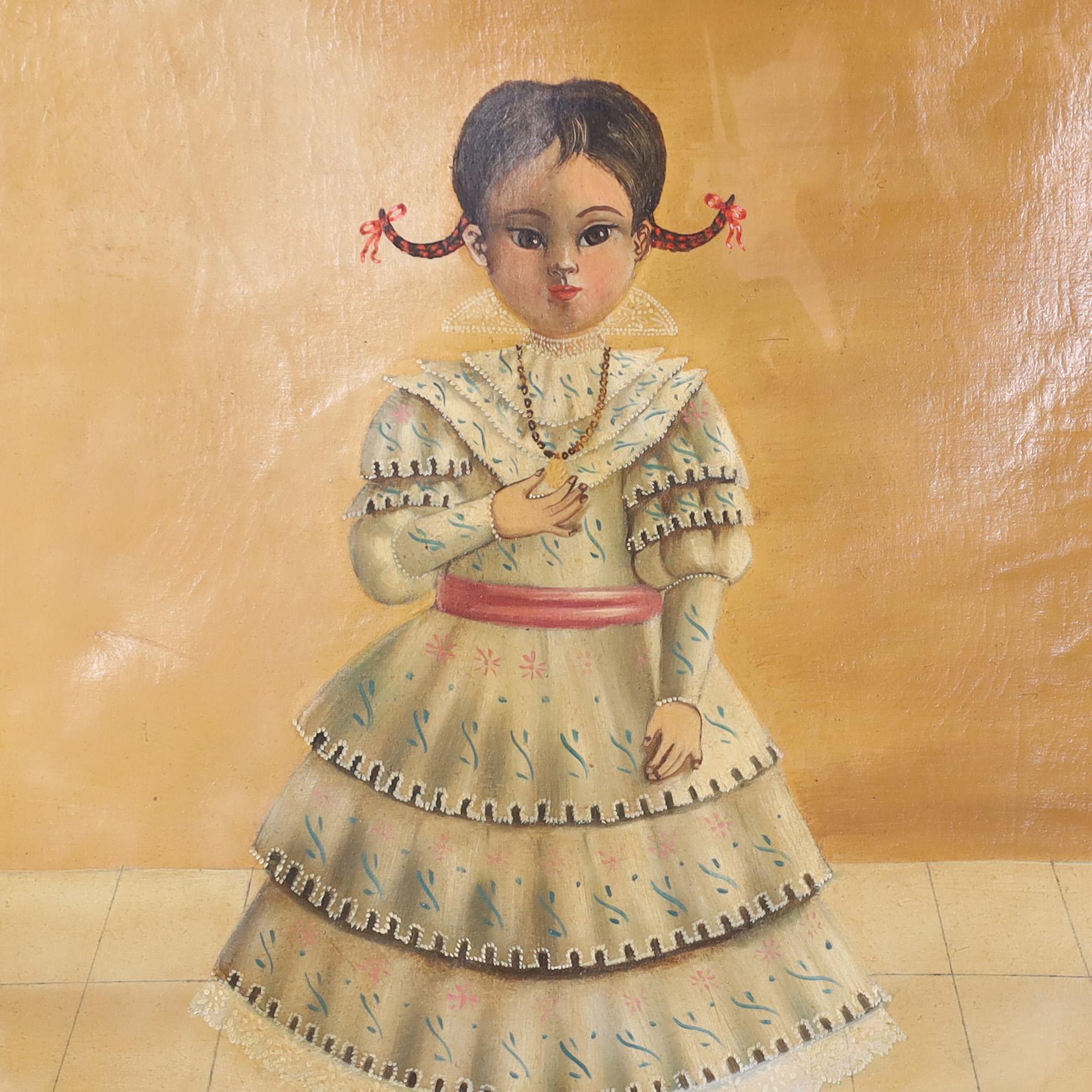 Mexican Agipito Labios Folk Art Painting of a Girl with Dogs